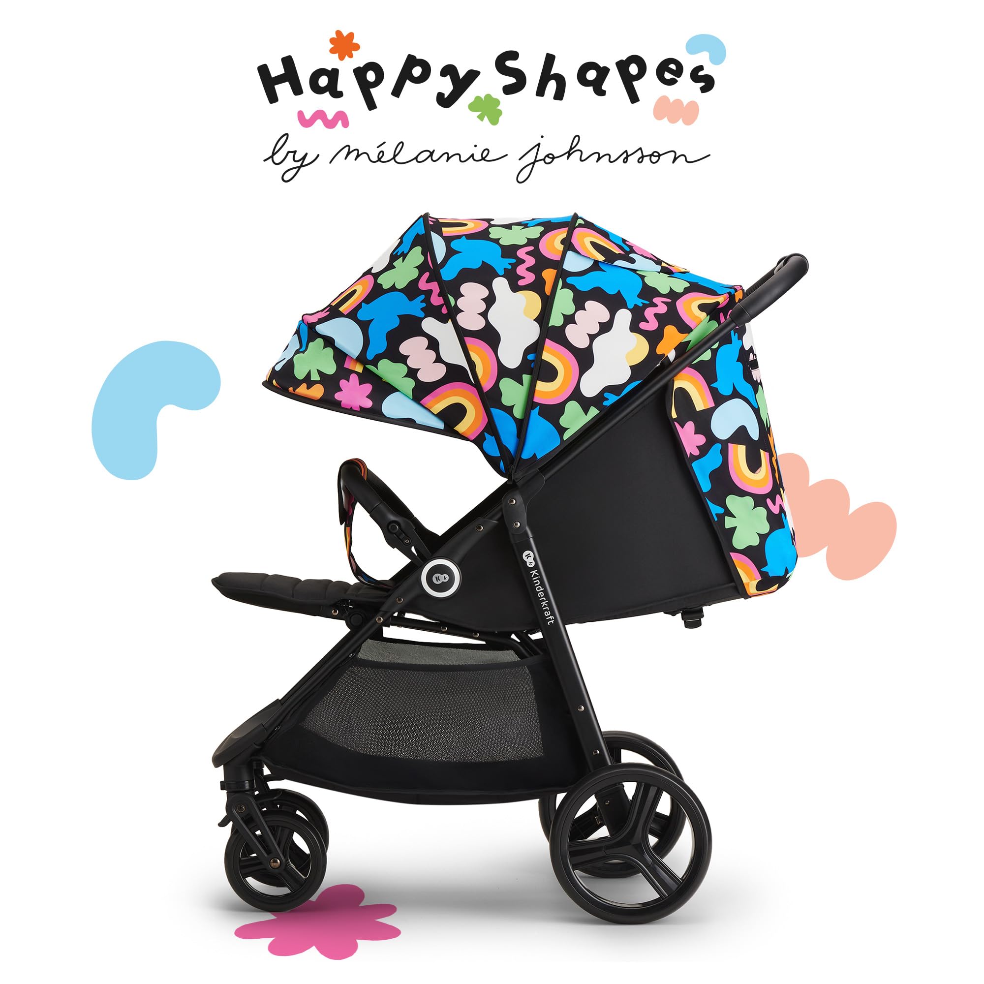 Kinderkraft GRANDE PLUS Passeggino Leggero dalla Nascita fino 22 kg, Pieghevole con una Mano, Posizione Sdraiata, L'ammortizzazione su Tutte le Ruote, Cappottina XL, Happy Shapes