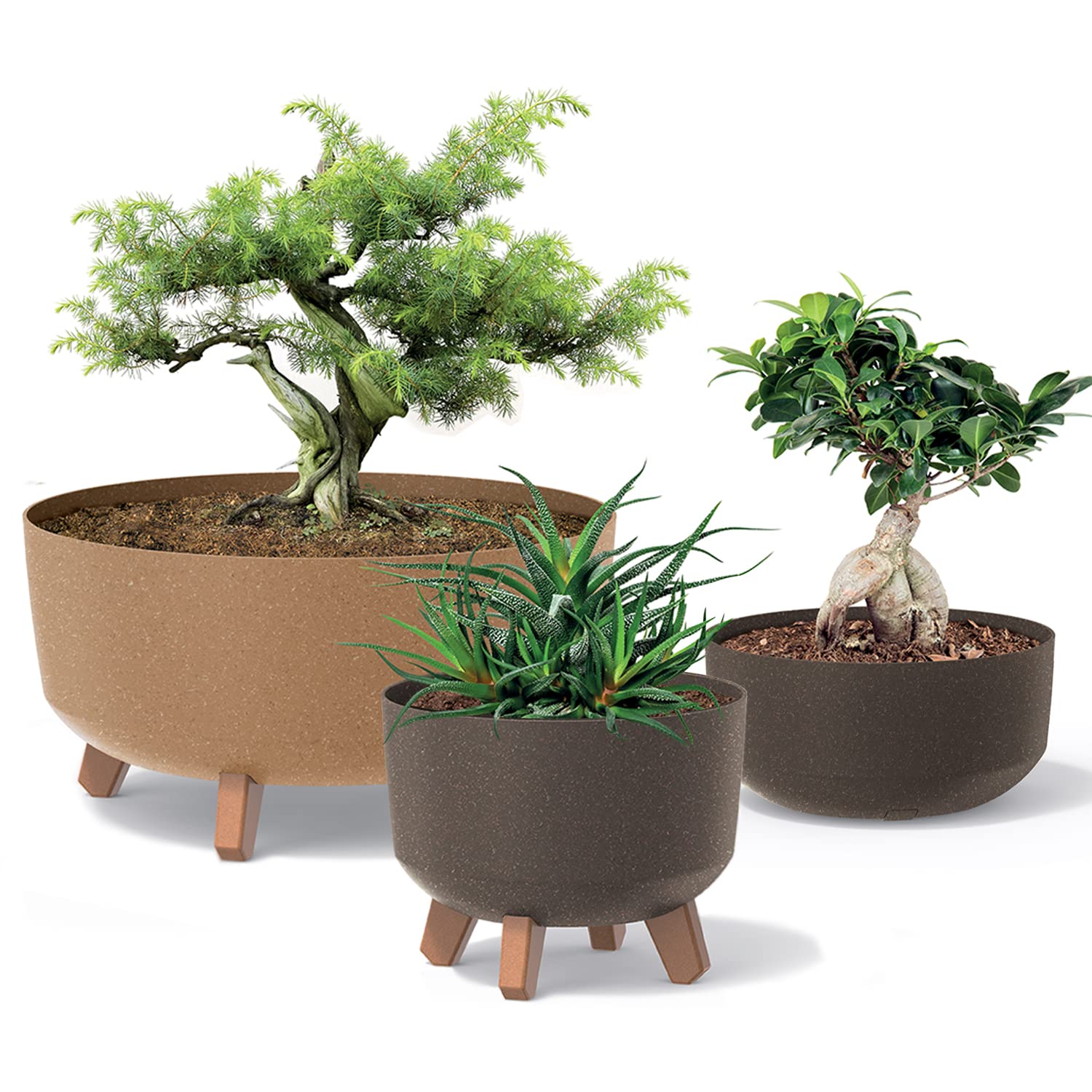 Set di 3 Vasi per Fiori Piante Tondi Gracia Regular ECO WOOD In Plastica e 33% Legno Ø29x22cm Da Interno Esterno Caffè Volume 9,8 Litri Design Moderni