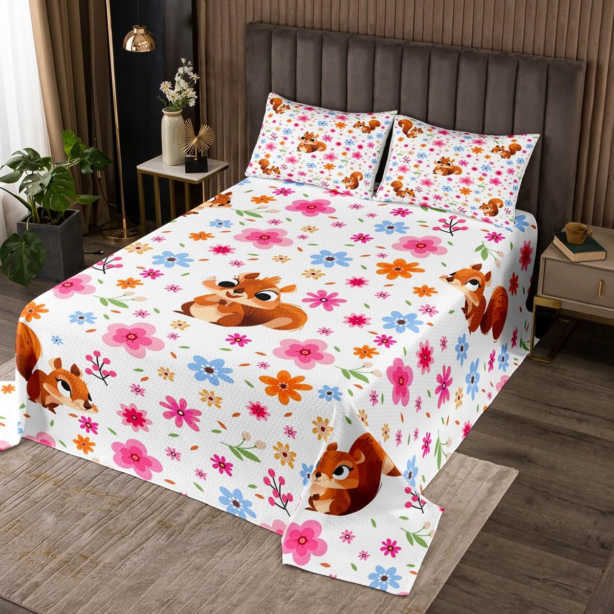 Erosebridal Cute Squirrel King Quilt Set Girly Pink Floral Coverlet Set for Kids, Animal Theme Bedding Set Chic Flowers Bedspread Set, Spring Blossoms Bed Quilt