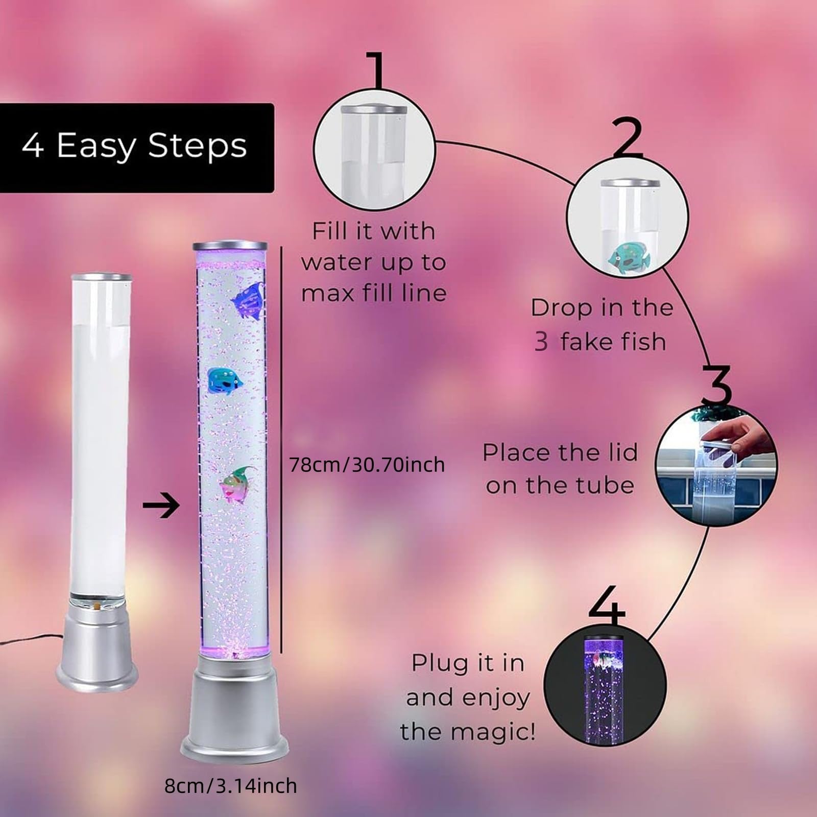 Lampa lawowa Bubble Fish 2,55 stopy LED z lampką nocną i 3 zmieniającymi się rybami, prezentem dla dzieci, dorosłych, osób z ADHD i autyzmem