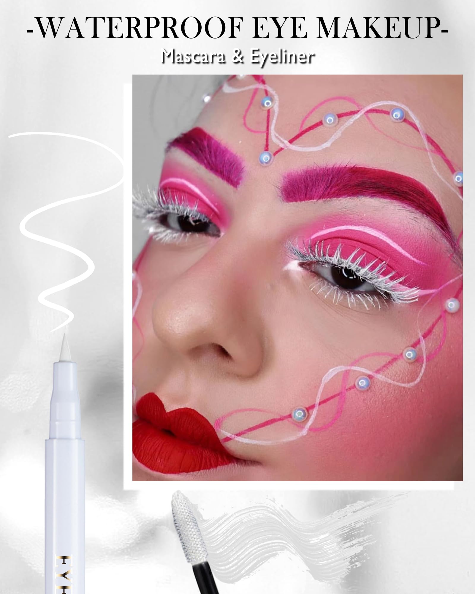 White Waterproof Mascara & Eyeliner Set, 5D Silk Fiber Liquid Lash Extensions Colored Tubing Volume and Length, Long Lasting - Image 2
