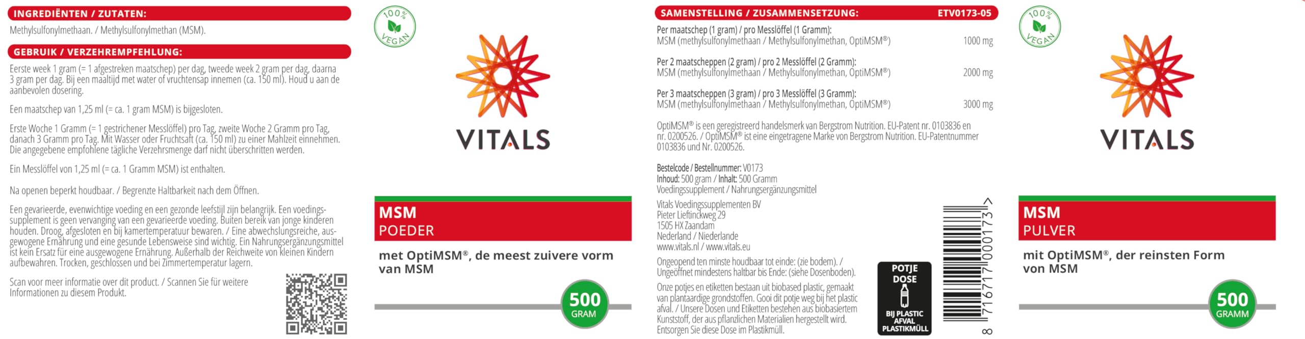 Vitals - MSM Pulver 500 Gramm mit OptiMSM, der reinsten Form von MSM. 100% reines OptiMSM, ohne Zusatzstoffe. 100% Vegan. Am meisten in Wissenschaft und Forschung eingesetzt