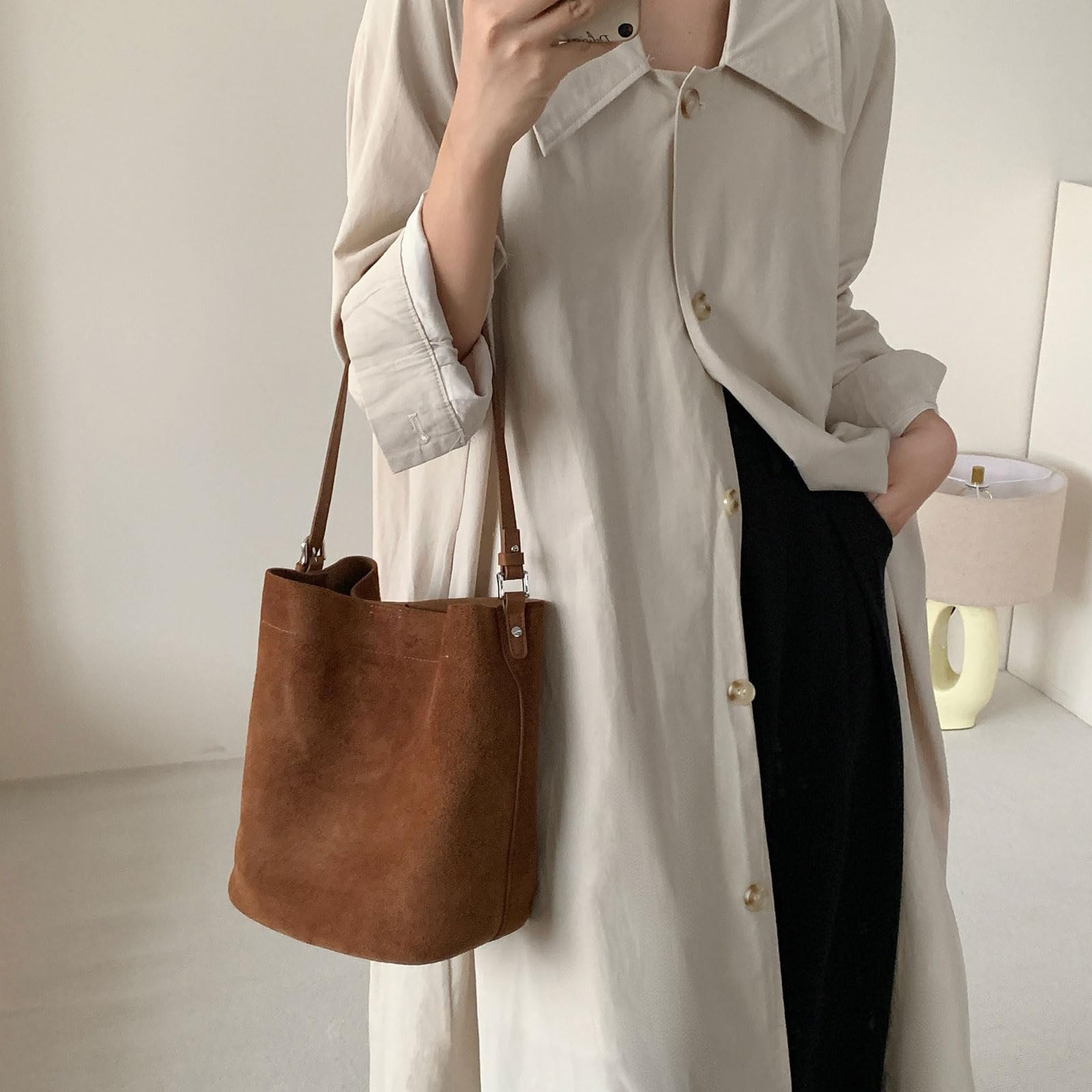 Borsa a tracolla in morbida pelle scamosciata, borsa a secchiello, borsa a tracolla, borsa a tracolla in pelle scamosciata per donna, marrone,Marrone