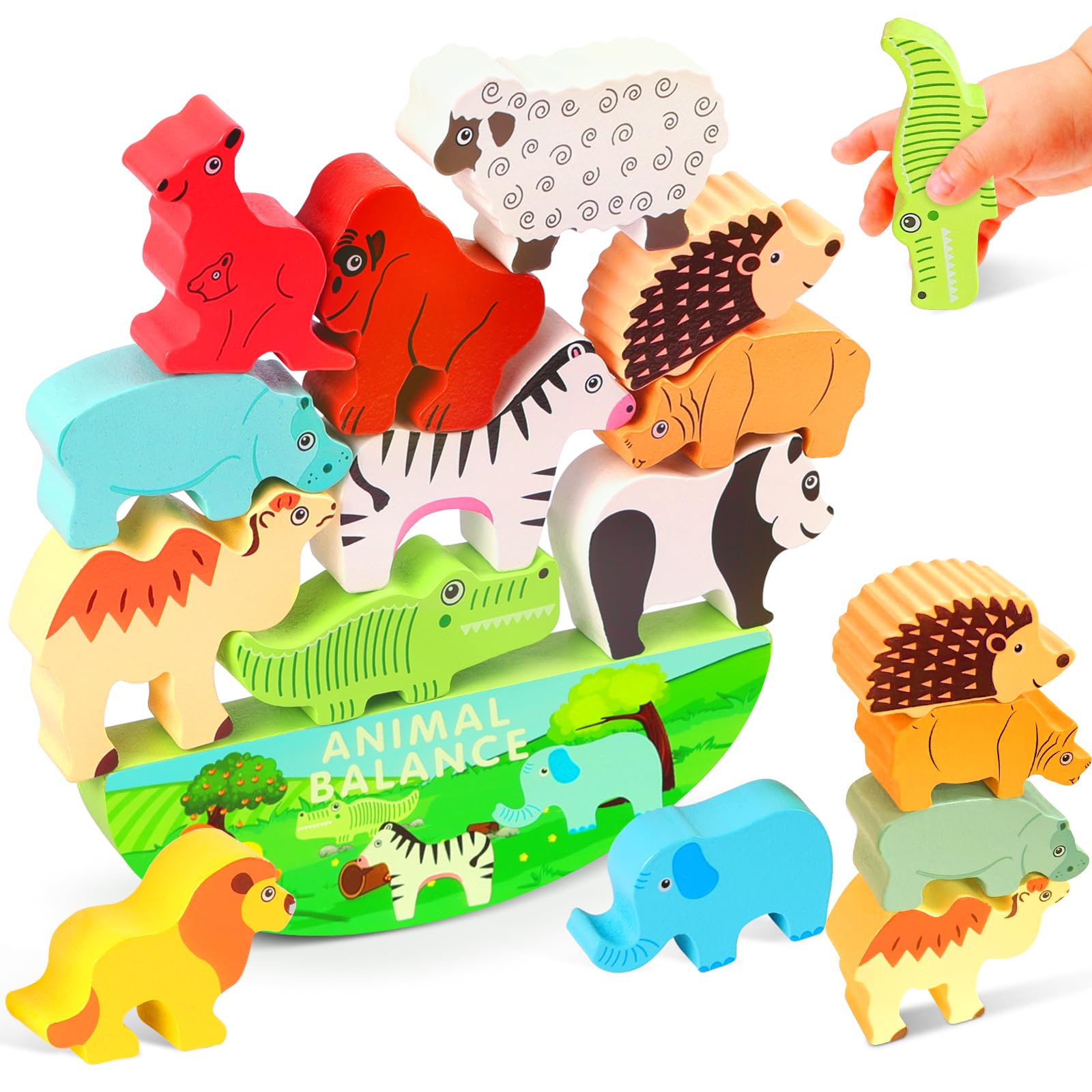Vicloon Wooden Animal Stacking Toys, Wooden Montessori Toy 3+ Year Old Kids, Game Swinging Blocks Animal Educational Interactive Toy for Parents and Children (Small)