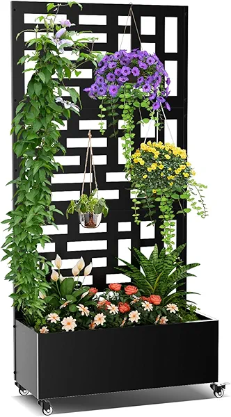Baotree Metal Planter Box with Trellis, 71"x 35"x 16" Raised Garden Bed with Trellis & Wheels, Privacy Planters for Patio, Planter Box with Drainage Holes for Climbing Plants, Flower, Vegetable