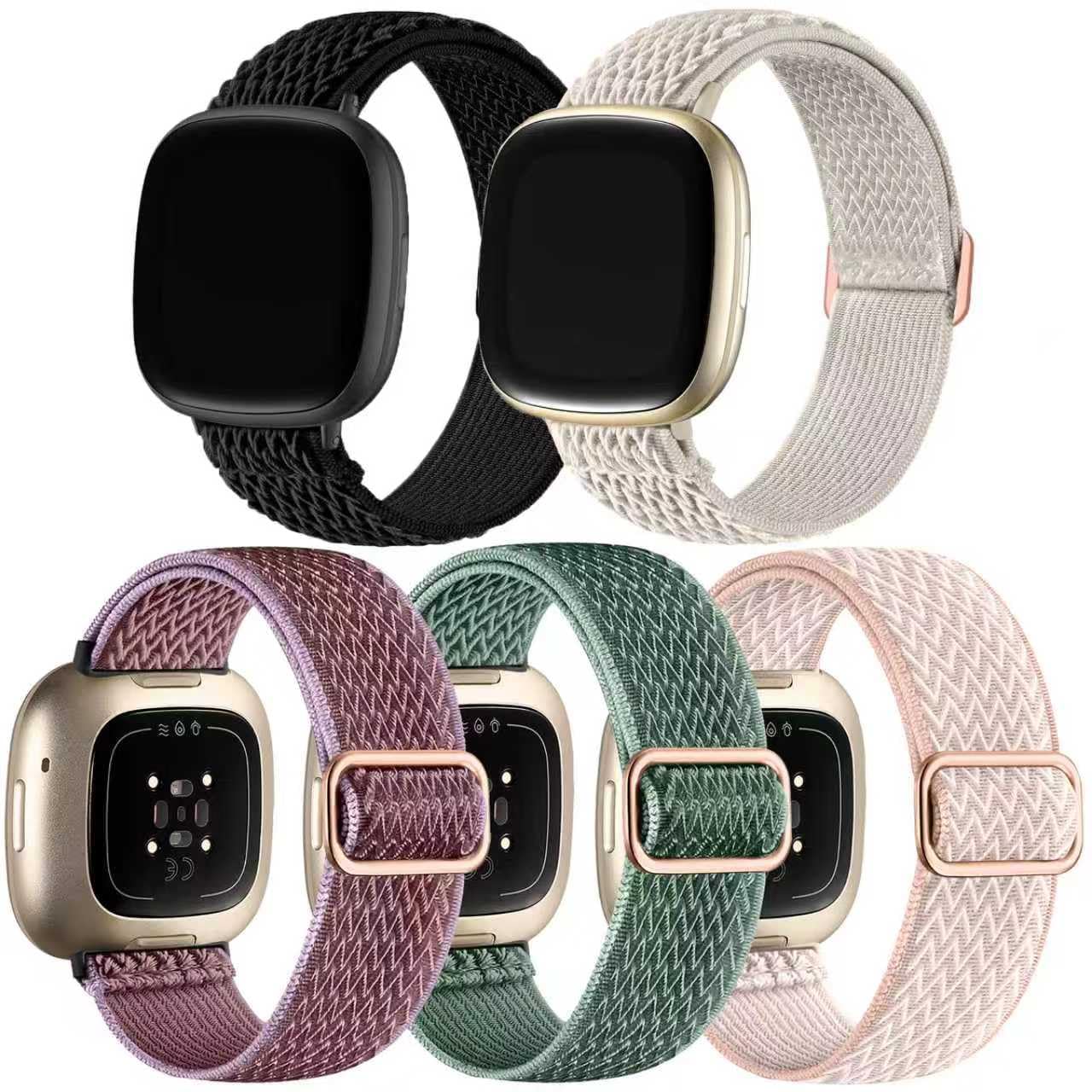 ZXgomg 5 pack nylon straps Compatibility for Fitbit Versa 4/Fitbit Sense 2/Fitbit Versa 3/Fitbit Sense. Adjustable and comfortable elastic nylon sports strap for women men
