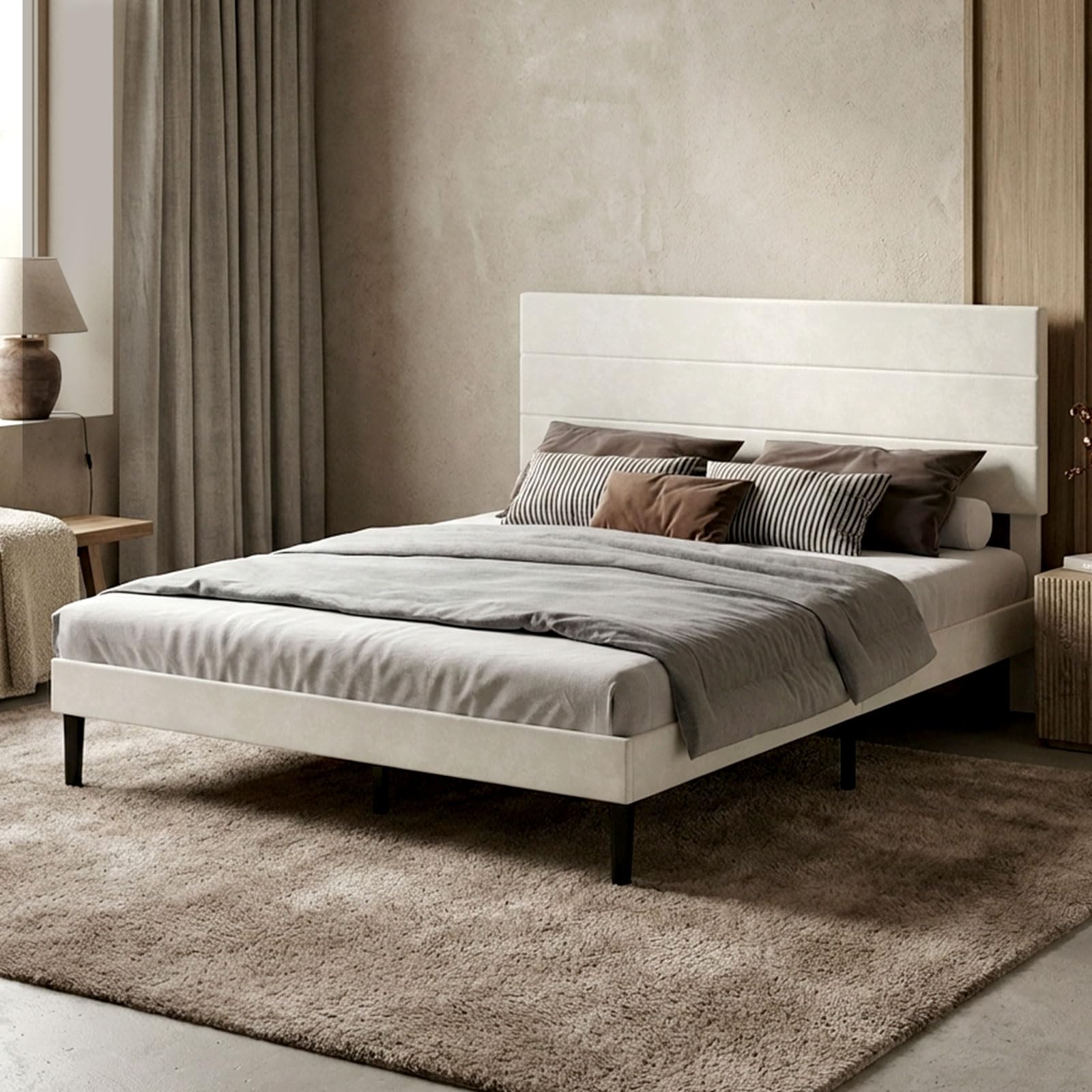 Levede Double Bed Frame with Adjustable Upholstered Headboard, Noise-Free 4ft6 Bed Frame with Wooden Slats Support, Velvet Fabric Platform Bed Frame, Easy Assembly, Beige 135x190cm