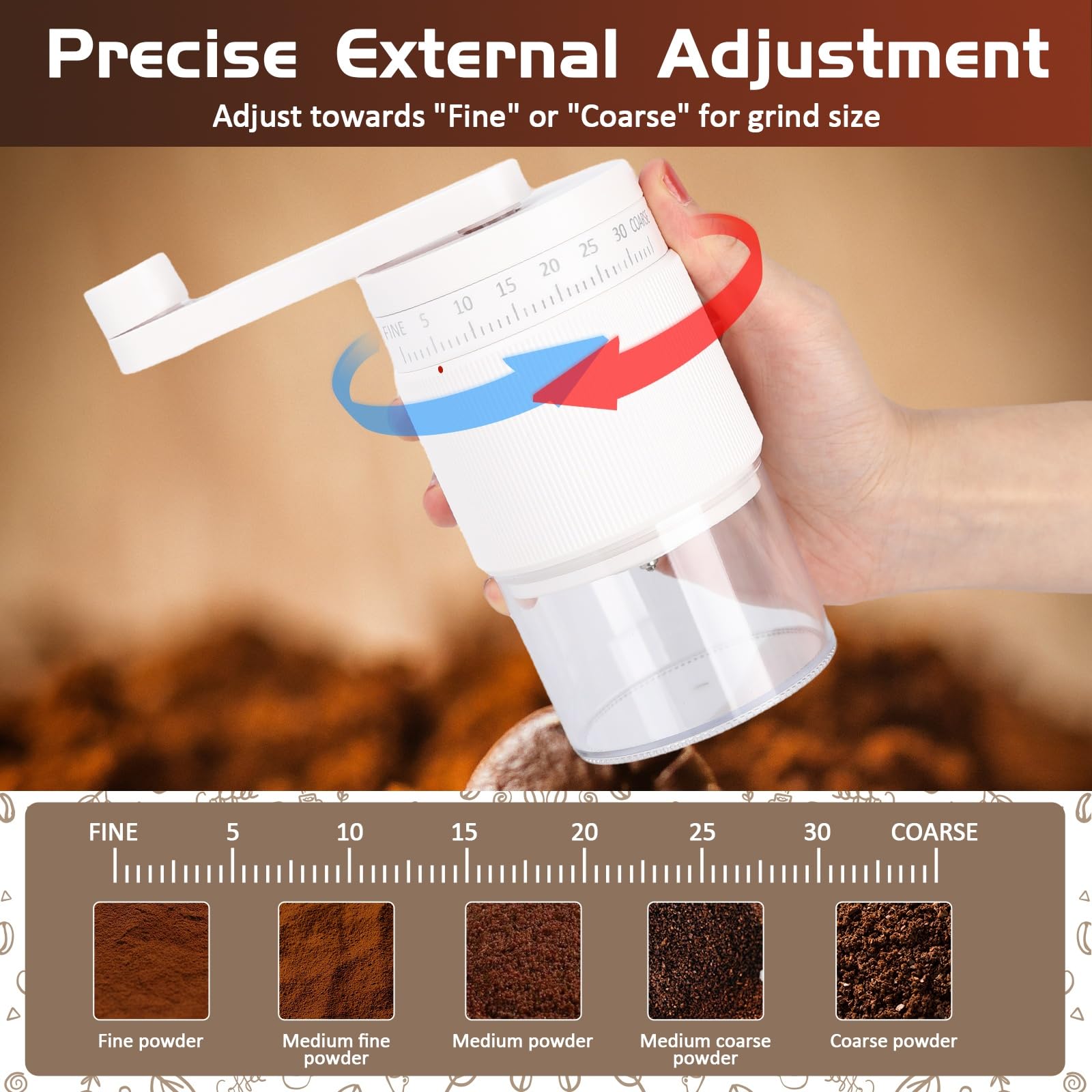 Manual Coffee Grinder - 95 Ceramic Burr, Adjustable Coarse to Fine, 30g Beans & 80ml Powder, Detachable Handle for Espresso, French Press, Camping - 2