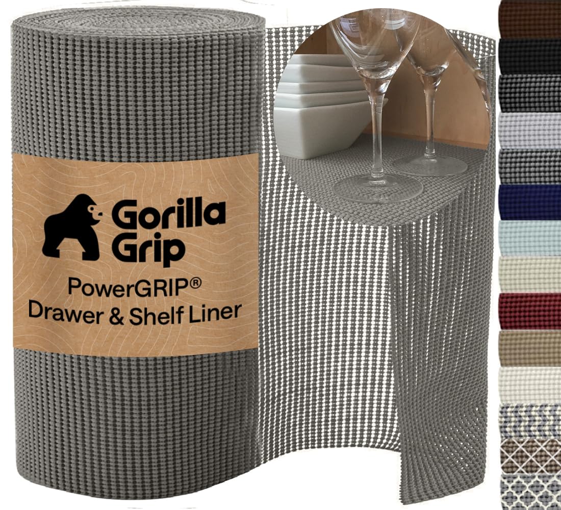 GORILLA GRIP powerGRIP Drawer Shelf and Cabinet Liner, Thick Strong Hold, Non-Adhesive Liners Protect Kitchen Cabinets and Cupboard, Bathroom Drawers, Easy Install, Breathable Mat, 20" x30', Gray โ image 1