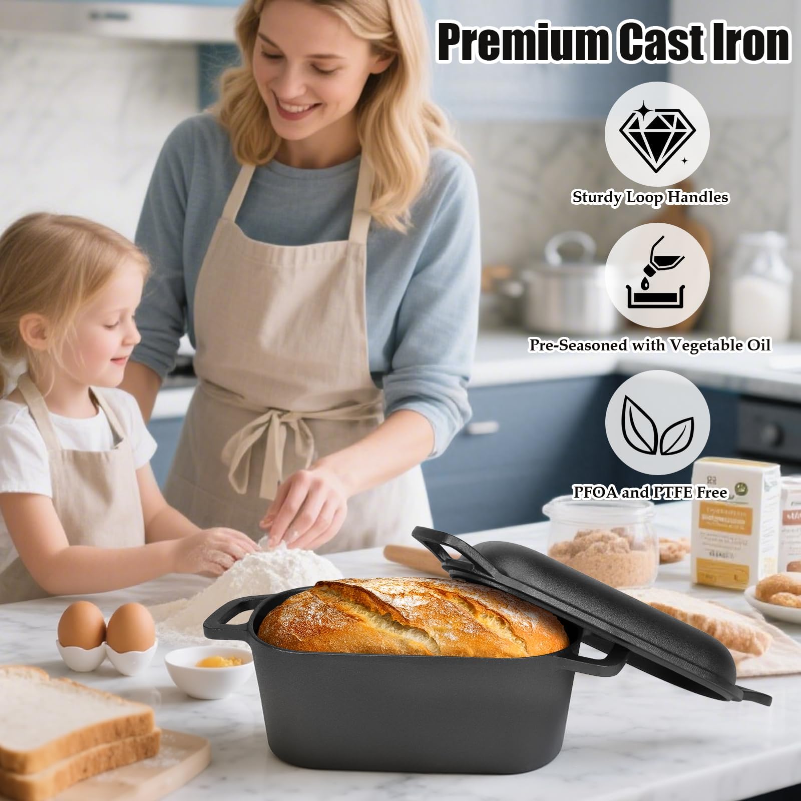 GFTIME Gusseisen Topf 35cm Brot Backen, Brotbackform mit Deckel - Robuste Brotbackform mit Deckel - Idealer Brottopf, Brotbacktopf, Gusseisentopf Brotform, Toastbrot Backform