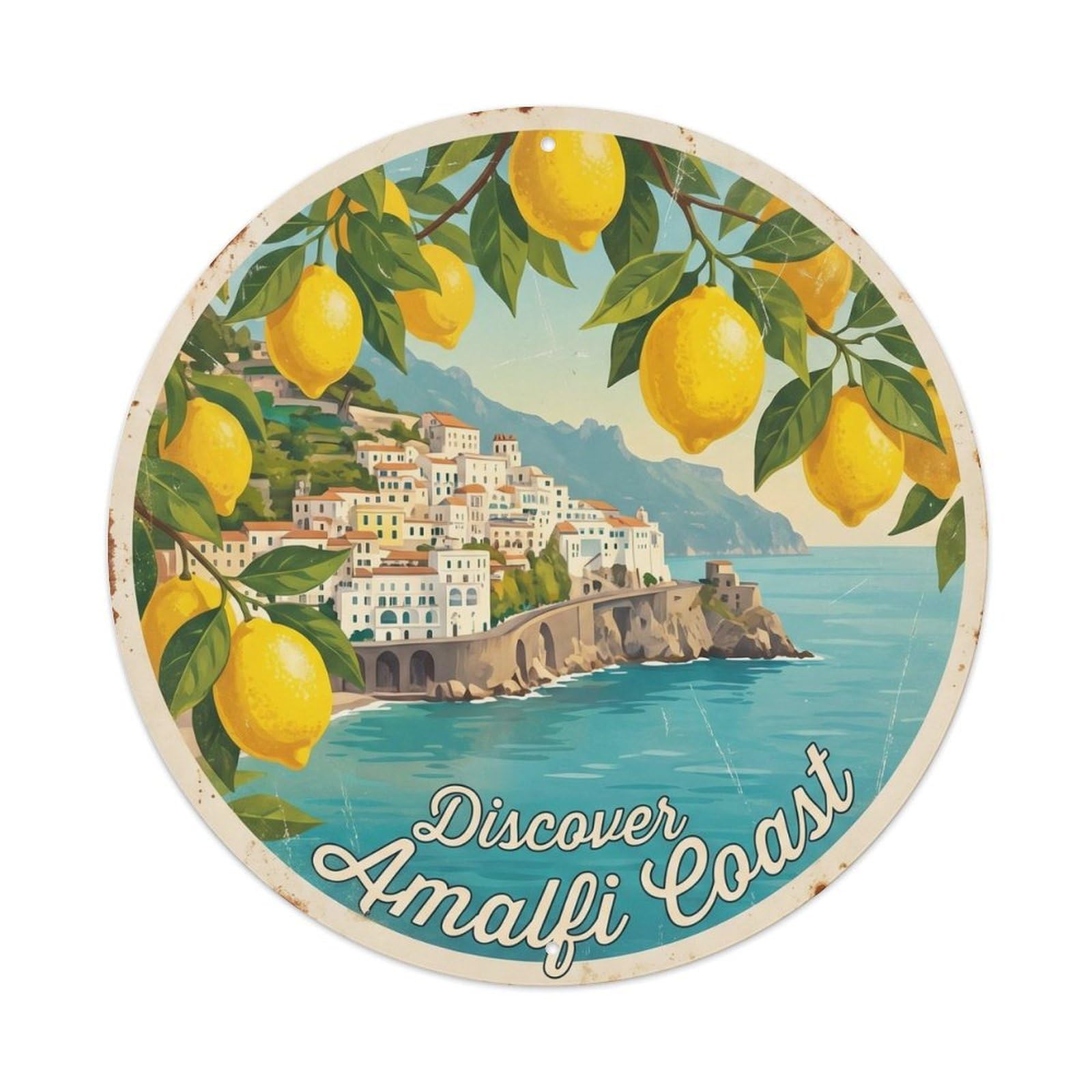 Amalfi Lemon Historic Tourism Tree Classic Destination Metal Tin Sign Plaque Wall Decor for Cafe, Man Cave, Club Bar, Office, Home Garden Round Metal Poster 8x8Inch