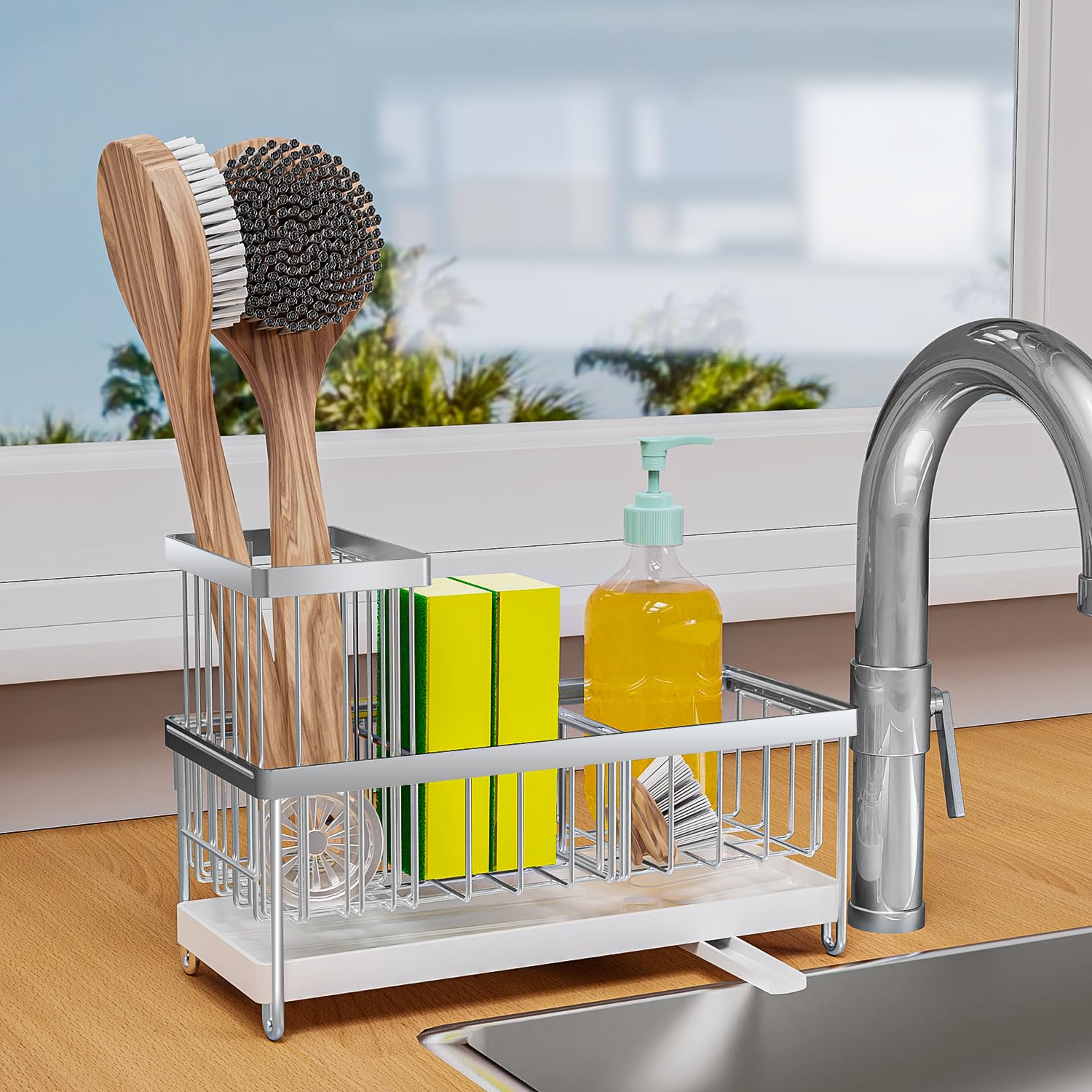 Sponge Holder for Kitchen Sink with Auto Draining Tray,Kitchen Sink Caddy Organizer with Brush Holder, Rustproof 304 Stainless Steel Dish Organizer Divider, Soap Dispenser Storage (Silver)