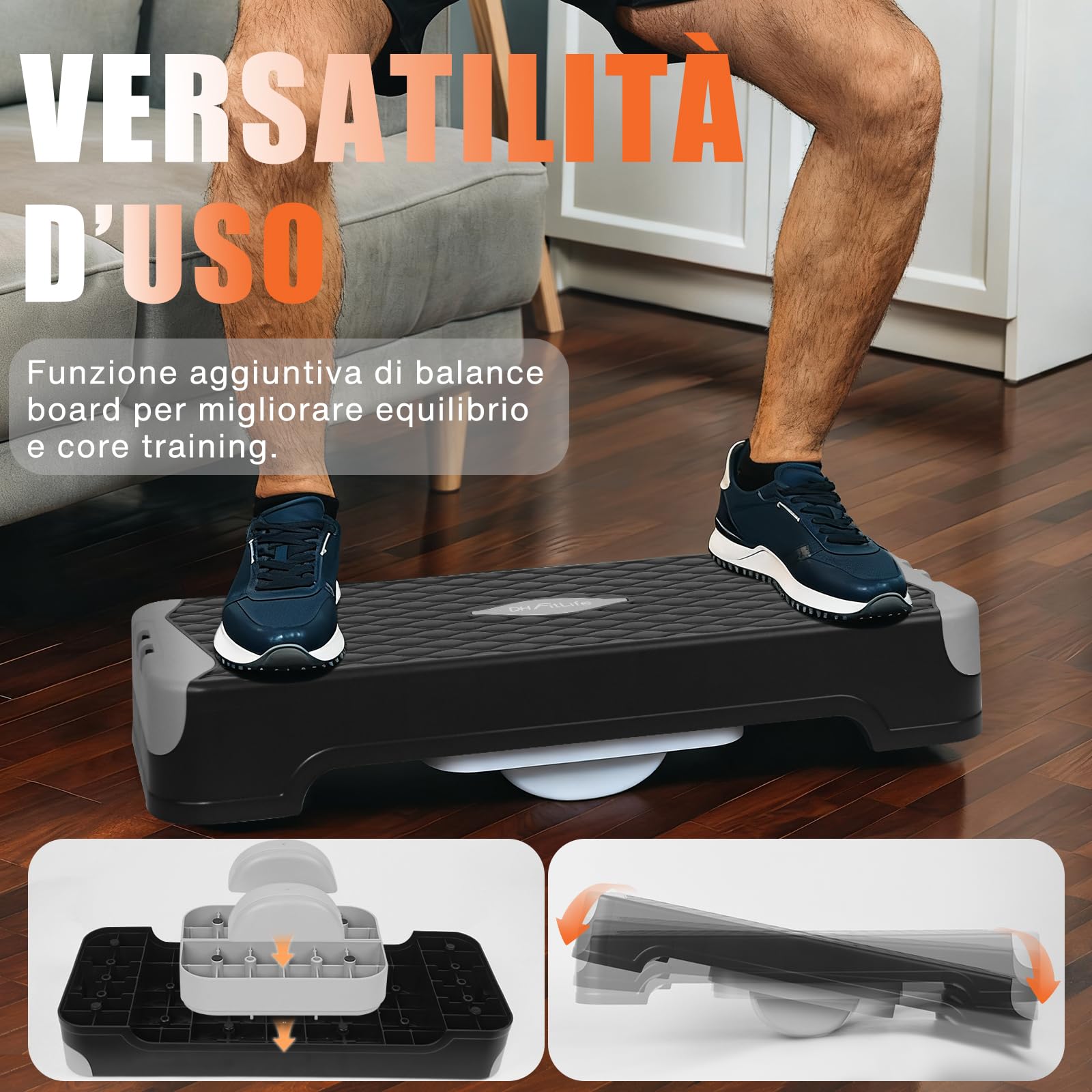 DH FitLife Stepper Fitness da Casa con Allenamento dell’Equilibrio | Pedana Step Regolabile 10/15 cm | Stepper Aerobico e Step Up Board | Piattaforma Step per Allenamento Fitness e Coordinazione