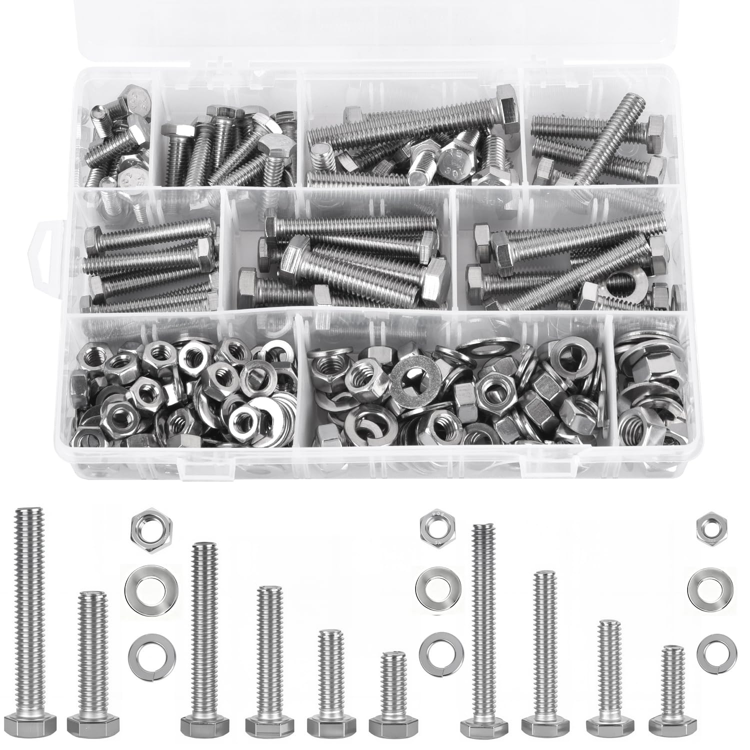 六角ボルトとナット詰め合わせキット、304ステンレススチール 1/4インチ-20、5/16インチ-18、3/8インチ-16ボルトナッ Amazon.co.jp: (8セット) 3/8-16 x 1-1/4インチの六角ボルトとナットキット、304ステンレススチール(18 -8)、全ねじ、フラット&ロックワッシャー付属。