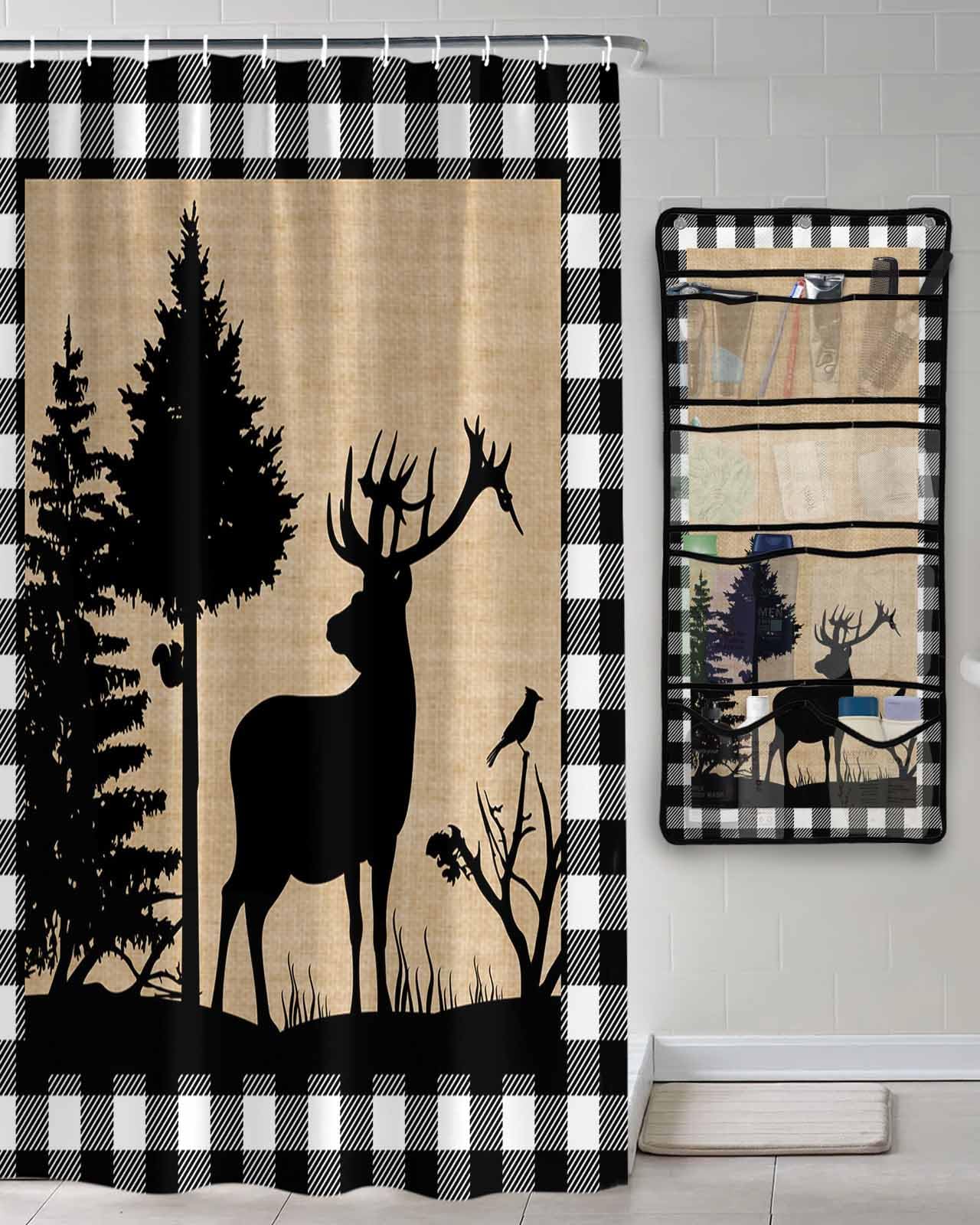 Shower Curtain Mesh Shower Organizer Hanging Set Christmas Animal Moose Elk Xmas Tree Waterproof Shower Curtains with 10