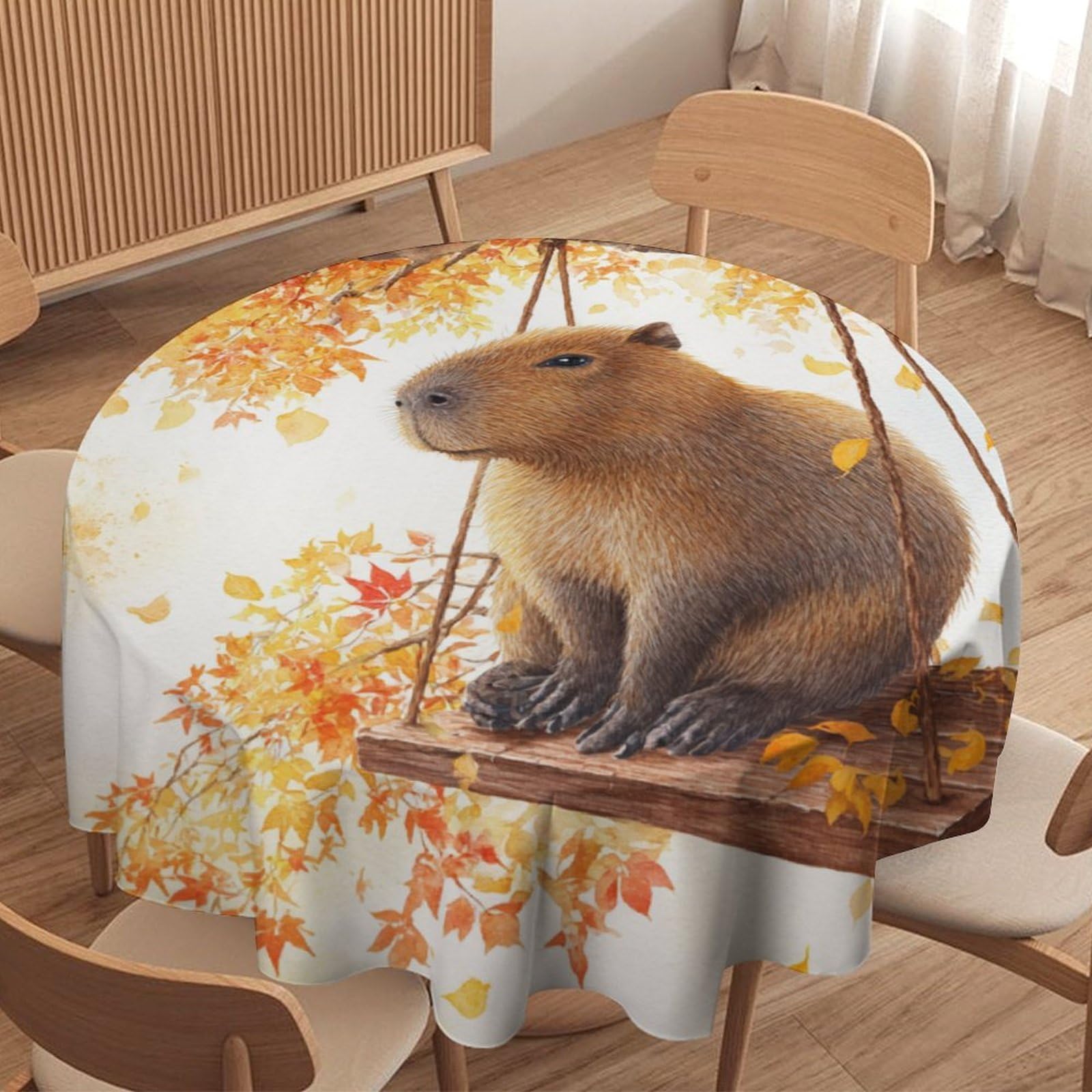 LUYYSKY Cute Colorful Capybara Waterproof Round Tablecloth Funny Abstract Autumn Maple Trees Animals Capybaras Pattern Washable Table Cover for Kitchen-152.4" Wx152.4 L cm