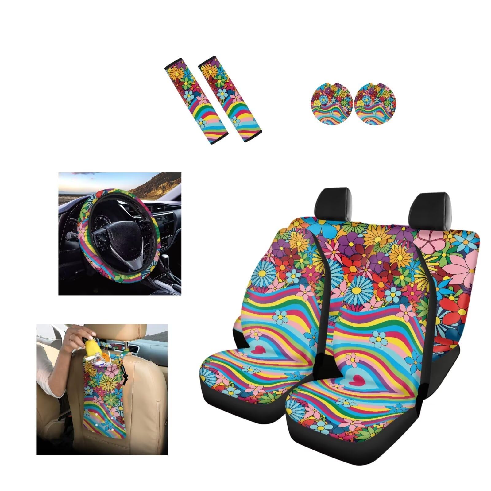 Juego completo de fundas para asientos de coche 70S Floral, juego de 10 con estampado de ondas arcoíris hippie, funda para volante, bolsa de basura