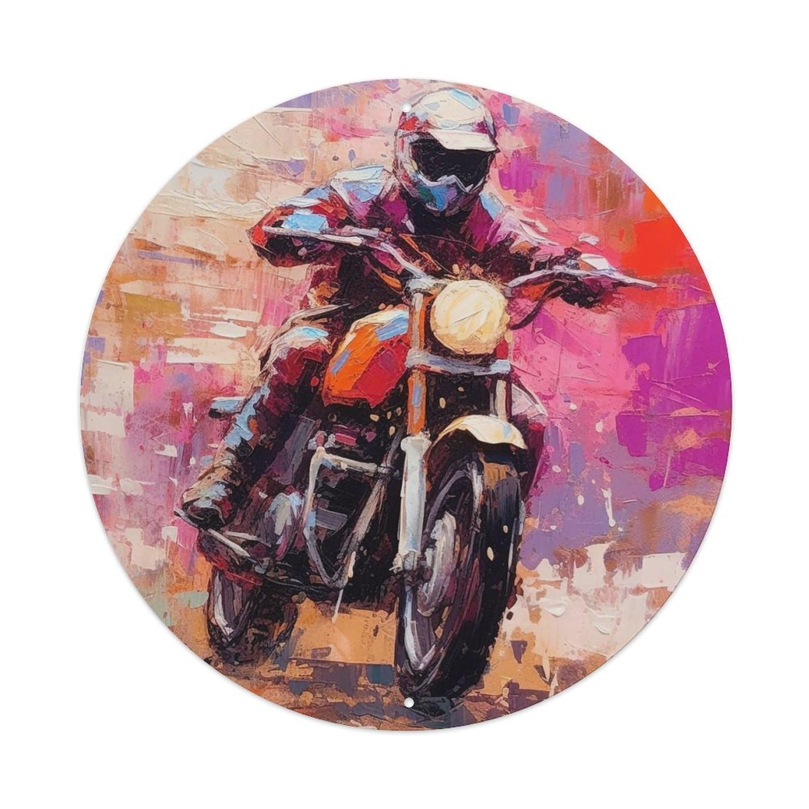 Dirt Bike Oil Painting Style Vintage Metal Tin Sign Plaque Wall Decor for Cafe, Club, Garden Round Metal Poster 8x8Inch