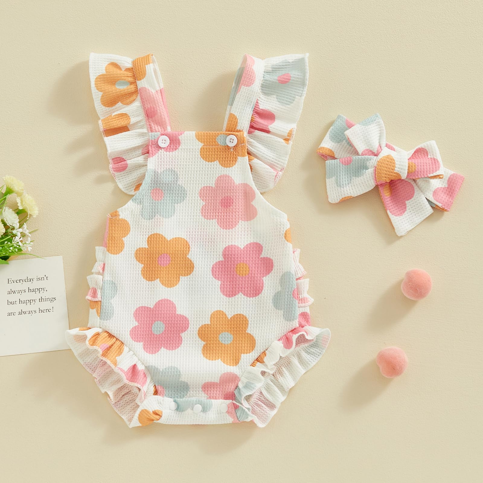 ZAXARRA Little Baby Girls 2Pcs Summer Outfits Fly Sleeve Flower Print Bodysuit with Headband Newborn Clothes (Multicolor, 6-12 Months)