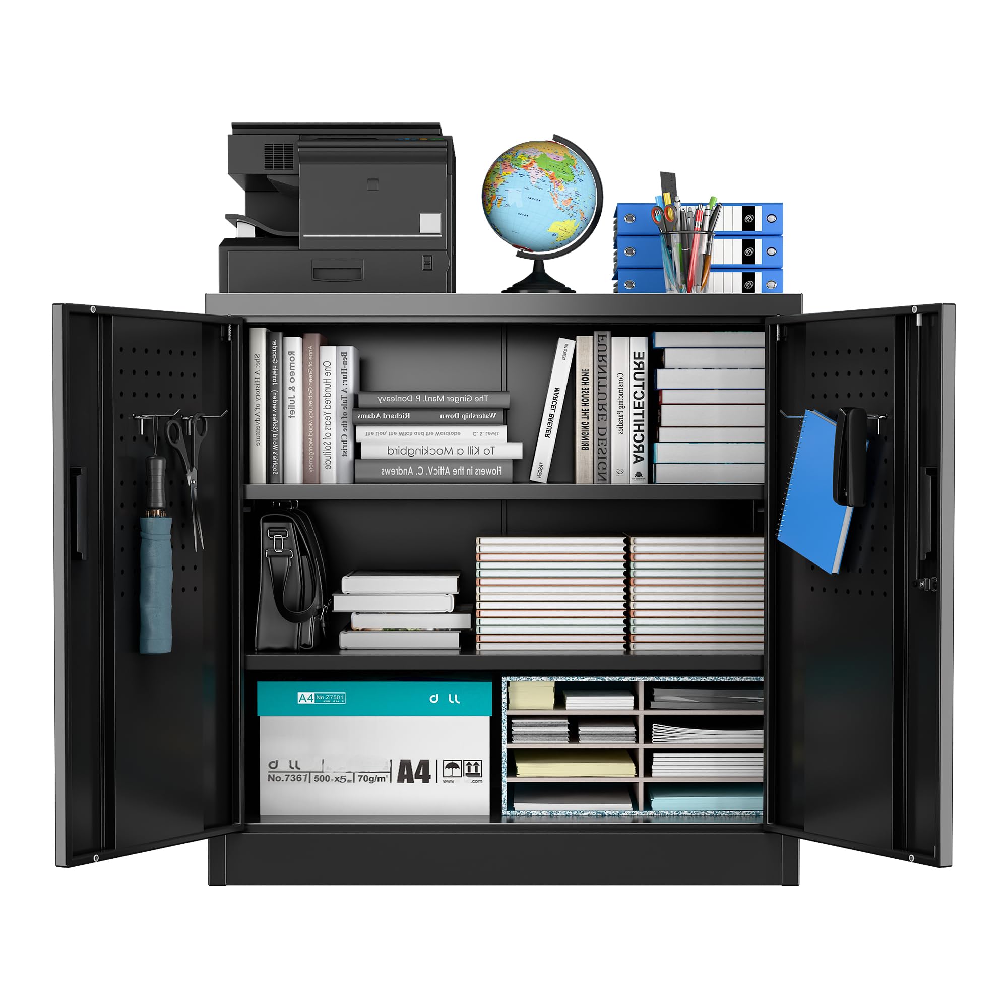 Metal Storage Cabinet with Pegboard 31.5”H×31.5”W×16.5”D, Lockable Rolling Steel Storage Cabinet with 2 Adjustable Shelves and Door for Garage, Office, Kitchen, Assembly Required(Black)