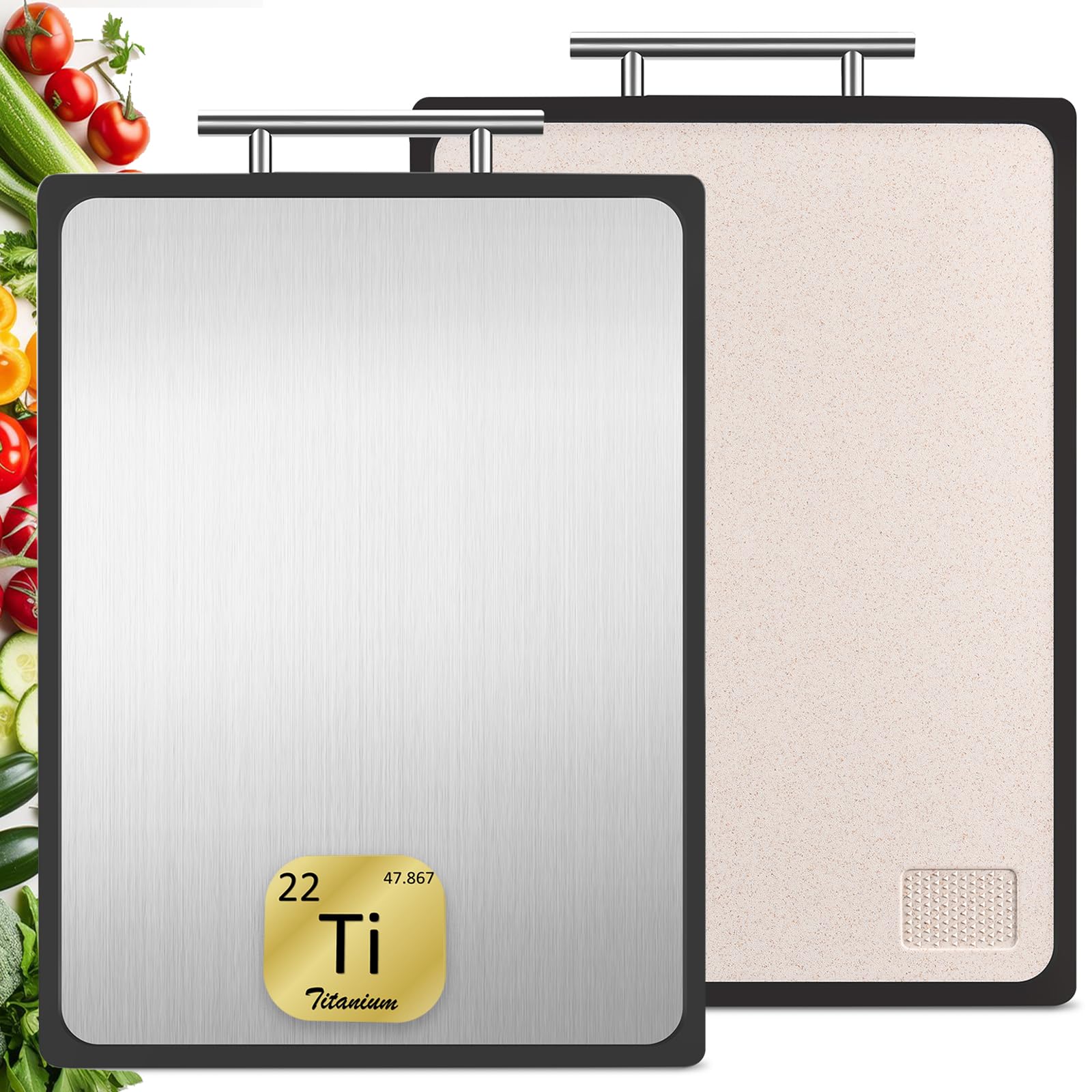 Tabla de cortar de titanio, 1 unidad, tabla de cortar de doble cara con ranuras para zumo y asas antideslizantes, tabla de cortar profesional, apta para lavavajillas, tamaño 42,5 x 29 cm
