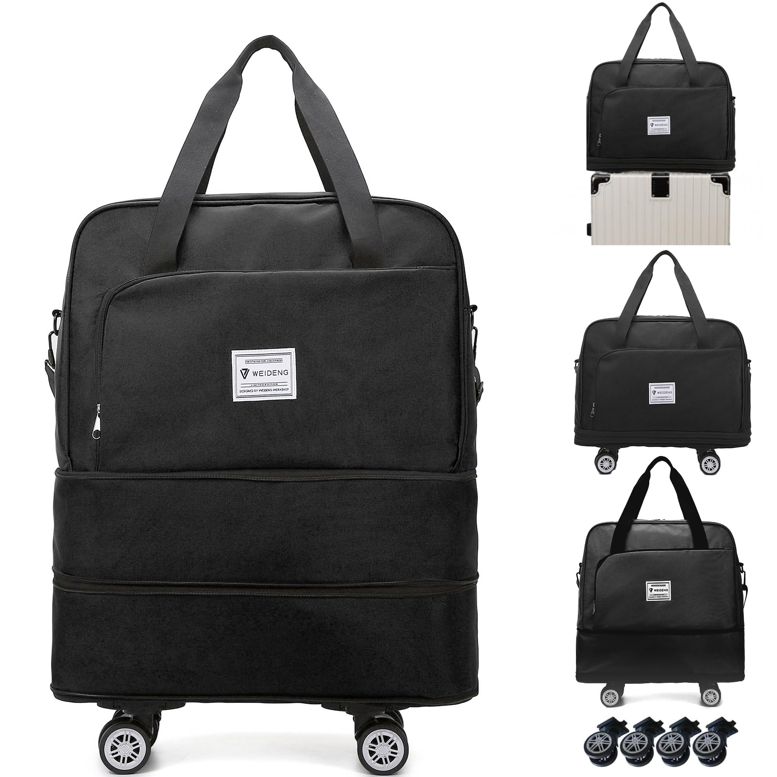 Rolling Duffle Bag with Wheels Foldie Travel Bag Expandable Foldable Rolling Tote Bags Overnight with Detachable Wheels Carry On Luggage for Men Women