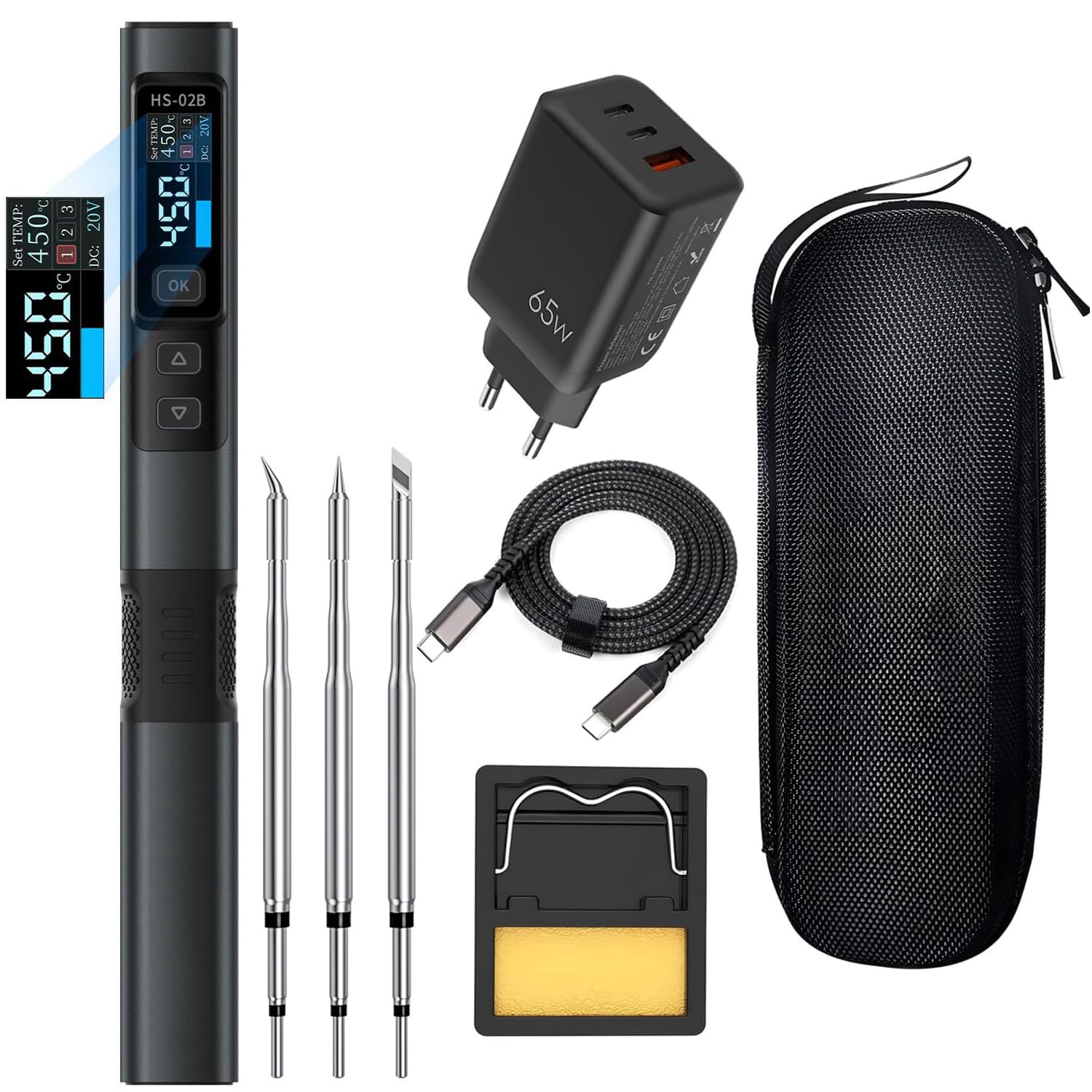 Treedix Juego de mini soldador PD/DC 65 W/100 W, soldador profesional con pantalla digital y tres puntas de repuesto, temperatura ajustable, fuente de alimentación dual PC/DC, incluye cargador PD