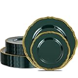 Hioasis 120pcs green and gold Plastic Plates - green Disposable Dinnerware Set, 60pcs Dinner 10.25in & 60pcs Dessert 7.5in Plates with Striped Designs for Party & Wedding