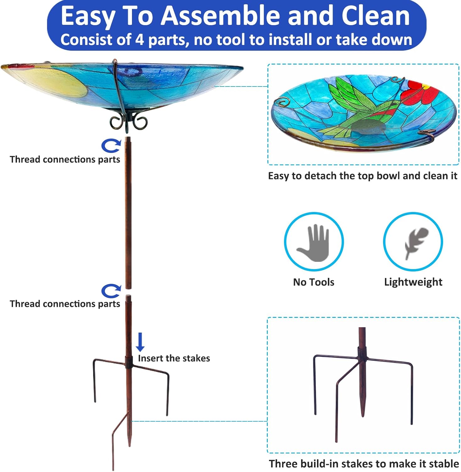 Bird Bath, Glass Bird Bath for Outside, Birdbaths for Outdoors Bird Feeders with Metal Stake, Hummingbird Bird Baths Outdoor Décorations, Standing Small Birdbath Bowl for Outside-Hummingbird Blue