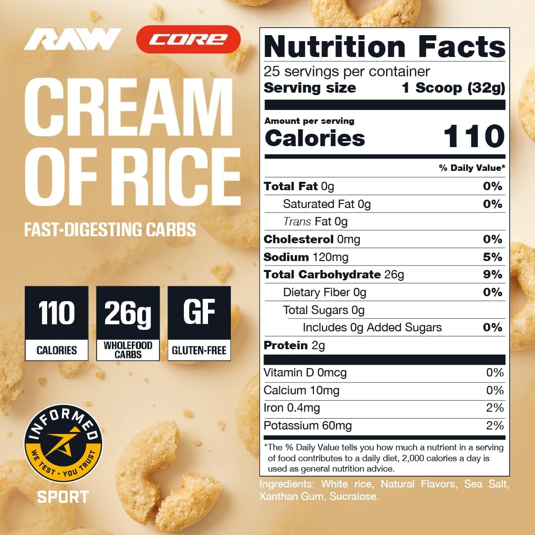 RAW Nutrition Cream of Rice, Honey Nut Cereal, 26g Clean Carbohydrates Per Serving, Zero Sugar, Fast-Digesting Pre/Post Workout Fuel, Gluten-Free & Vegan, 800g (25 Servings) image 2