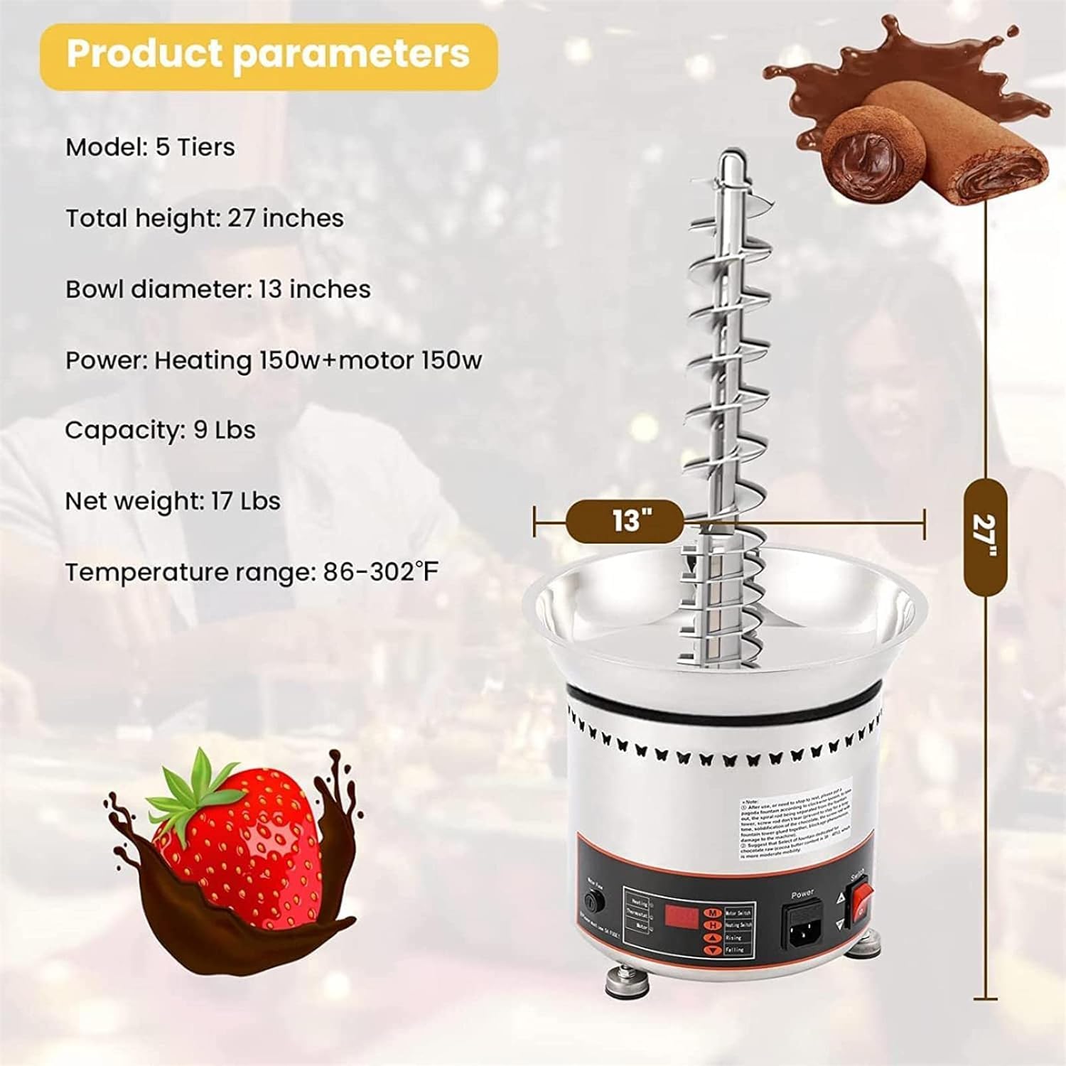 Fuente de Fondue de Chocolate, Fuentes de Chocolate comerciales, máquina de Cascada de Chocolate Grande de 5 Niveles, Torre de Fondue de Queso Caliente de Acero in,