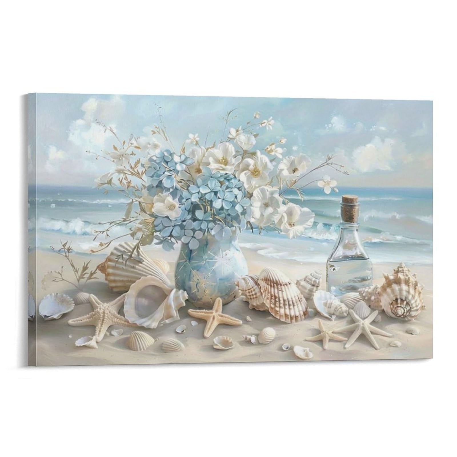 CPLVKWRQJ Beach Floral Still Life Single Beach Flowers Seashells still Life Canvas Wall Art - Housewarming Gift Living Room Focal Point Ready to Hang Decor 20x30inch(50x75cm)