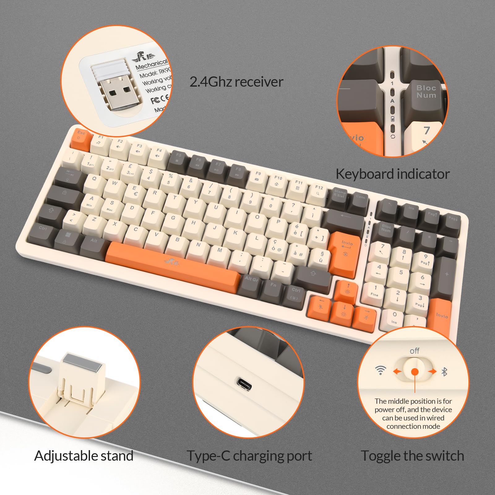 Rii Gaming RK909 - Tastiera meccanica silenziosa con tripla connessione (Wireless + Bluetooth + USB), batteria ricaricabile, retroilluminazione RGB, anti-ghosting, tasti smontabili, cover magnetica