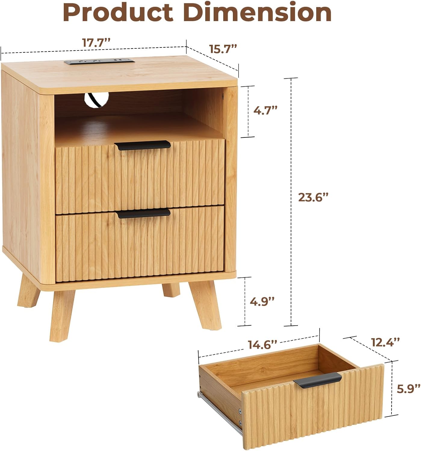 Diagram showing the dimensions of the HOMMPA nightstand and its drawers