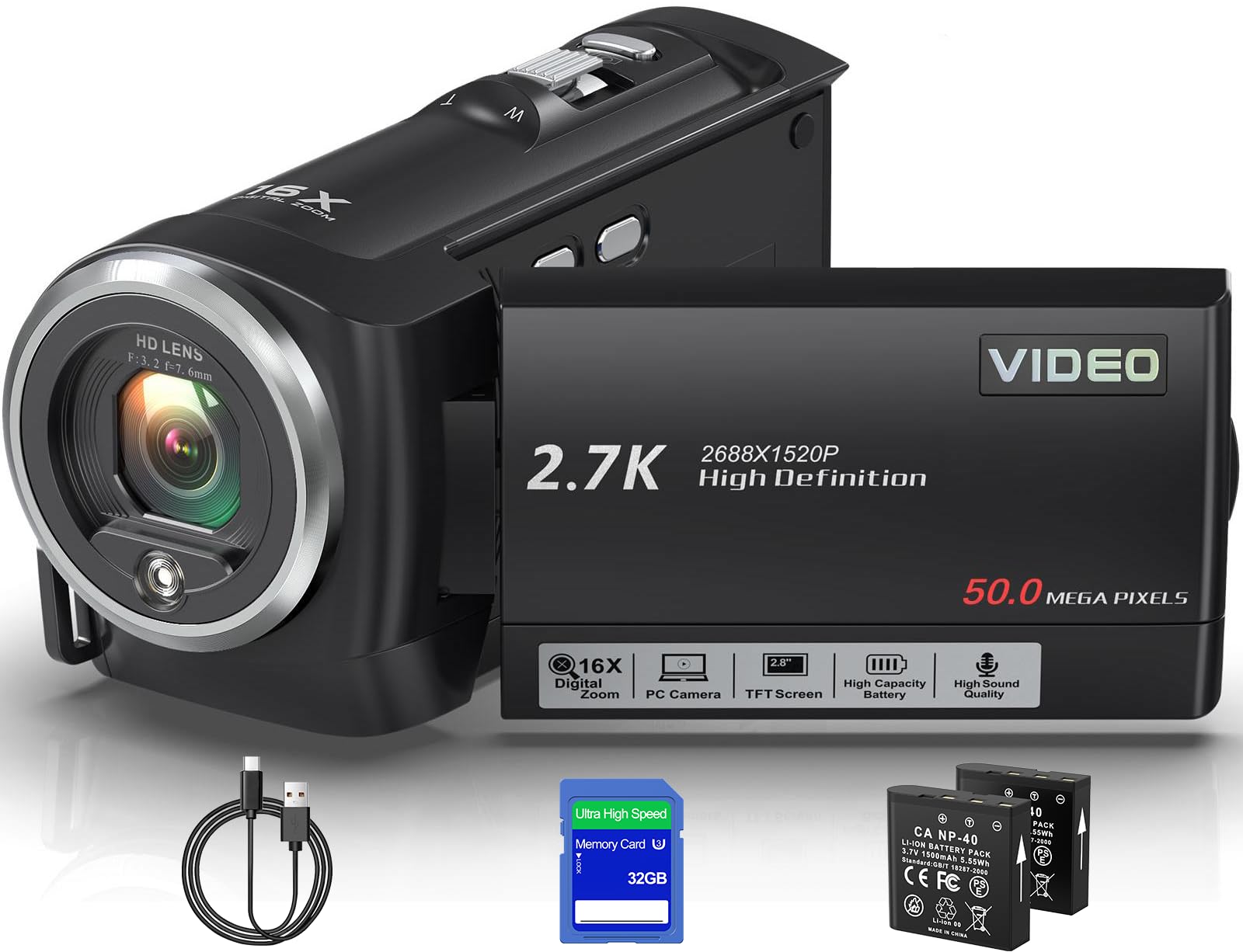Muitune Camcorder Video Camera QHD 2.7K 50MP 16X Digital Zoom Vlogging Camera with LED Fill Light for YouTube, 2.8 Inch 270 Degree Rotation LCD Screen Camcorder with 32GB SD Card and Two Batteries