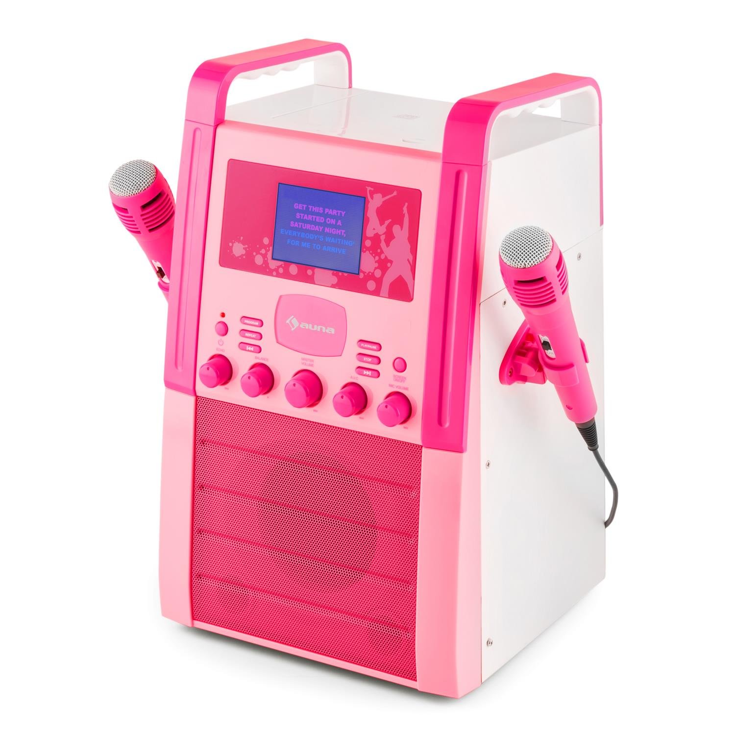 AUNA KA8P-V2 BK - Reproductor de Karaoke, 2 micrófonos, Altavoces, Reproductor CD+G, Pantalla TFT, Salida Video, AUX, Rosa