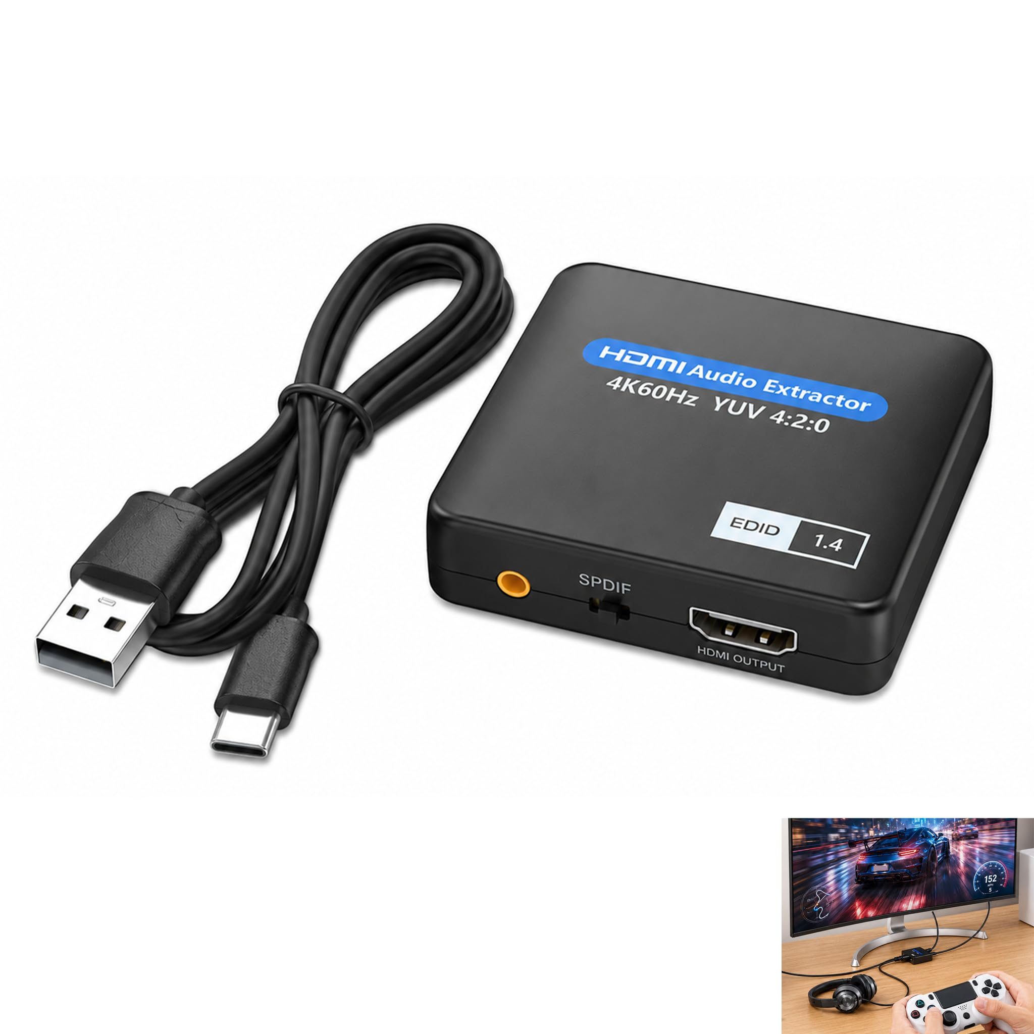 HDMI Audio Extractor, HDMI Audio Extractor 4K 60Hz, SPDIF Toslink, 3,5 mm Klinke, Video-Konverter mit EDID 2.0 5.1, Kompatibel mit TV Stick, Konsole, PC, Projektor, Splitter Adapter