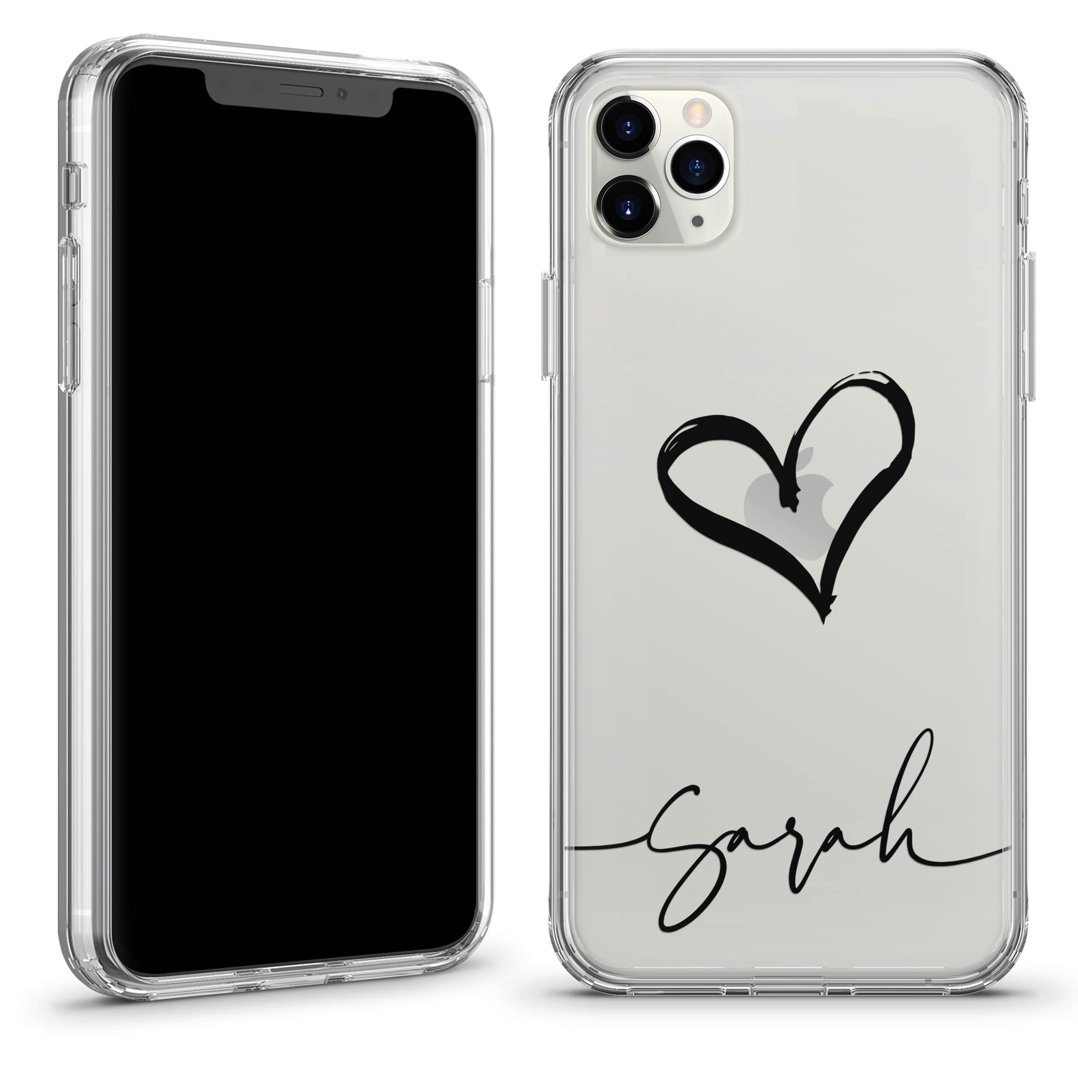 TULLUN Custodia personalizzata per iPhone 13 Pro, con nome e cuore personalizzati, trasparente, ibrida, antiurto, in poliuretano termoplastico, cover posteriore rigida, nome inferiore nero