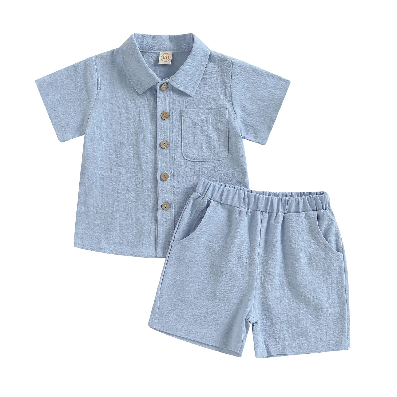 Ledy ChampswiinToddler Boy Linen Shorts Outfit Button Up Short Sleeve Shirts with Pocket Solid Color Baby Boy Summer Clothes Set