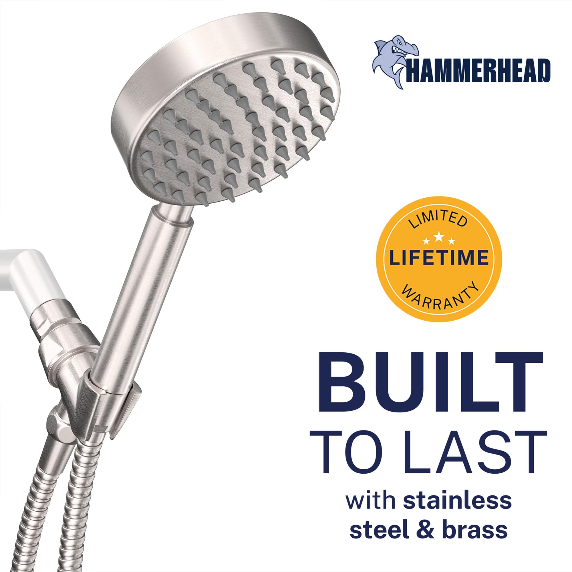 HammerHead Showers® Alcachofa de ducha de mano de metal con manguera y soporte de latón, níquel cepillado, cabezales de ducha de alta presión de 2.5 GPM con soporte de varita de ducha ajustable,