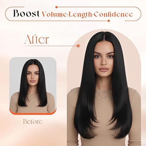 Miniatura 6 de Sunny Hair - Extensiones de clip de cabello humano lacio - color negro (Off Black) - 24 pulgadas, 7 unidades, 4.23 onzas