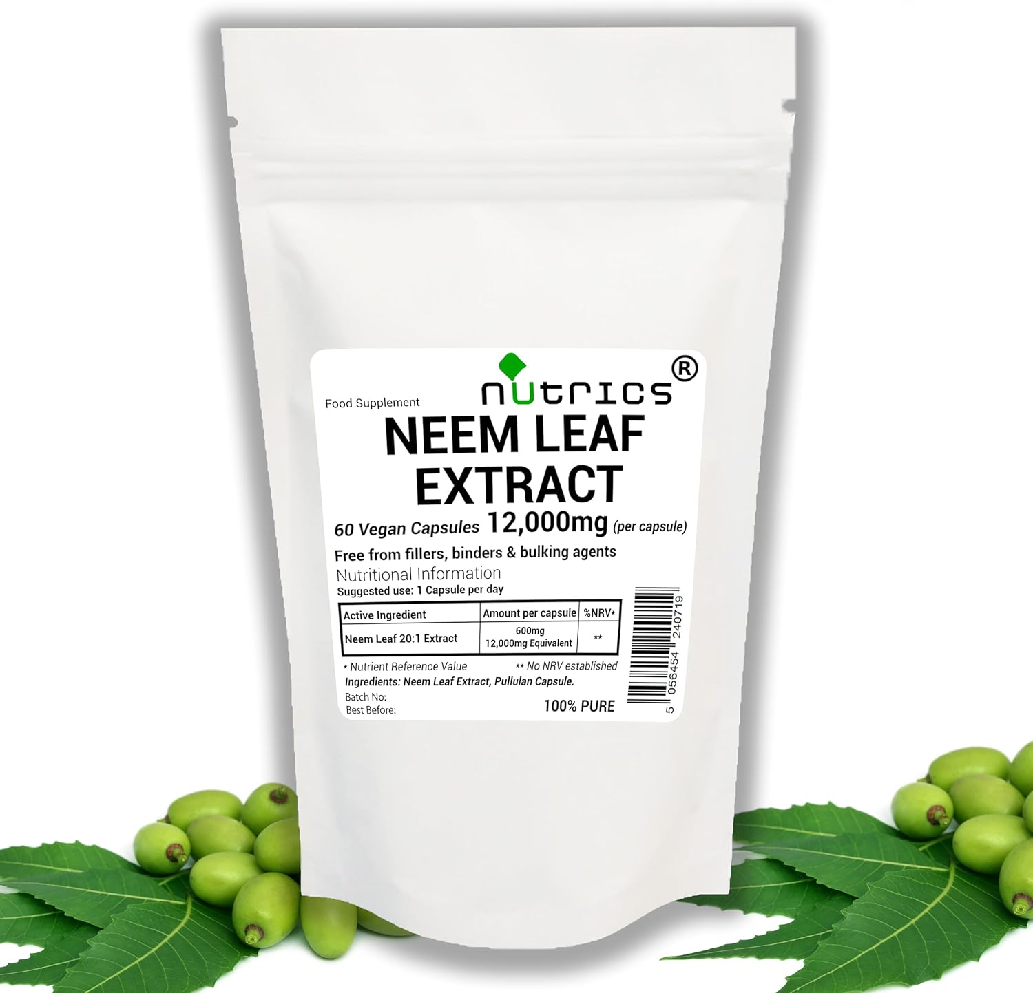 12,000mg (per Capsule) NEEM Leaf Extract 60 V Capsules – Strong One A Day – 100% Pure – No fillers Binders or Bulking Agents (60 V Capsules (2 Months Supply))