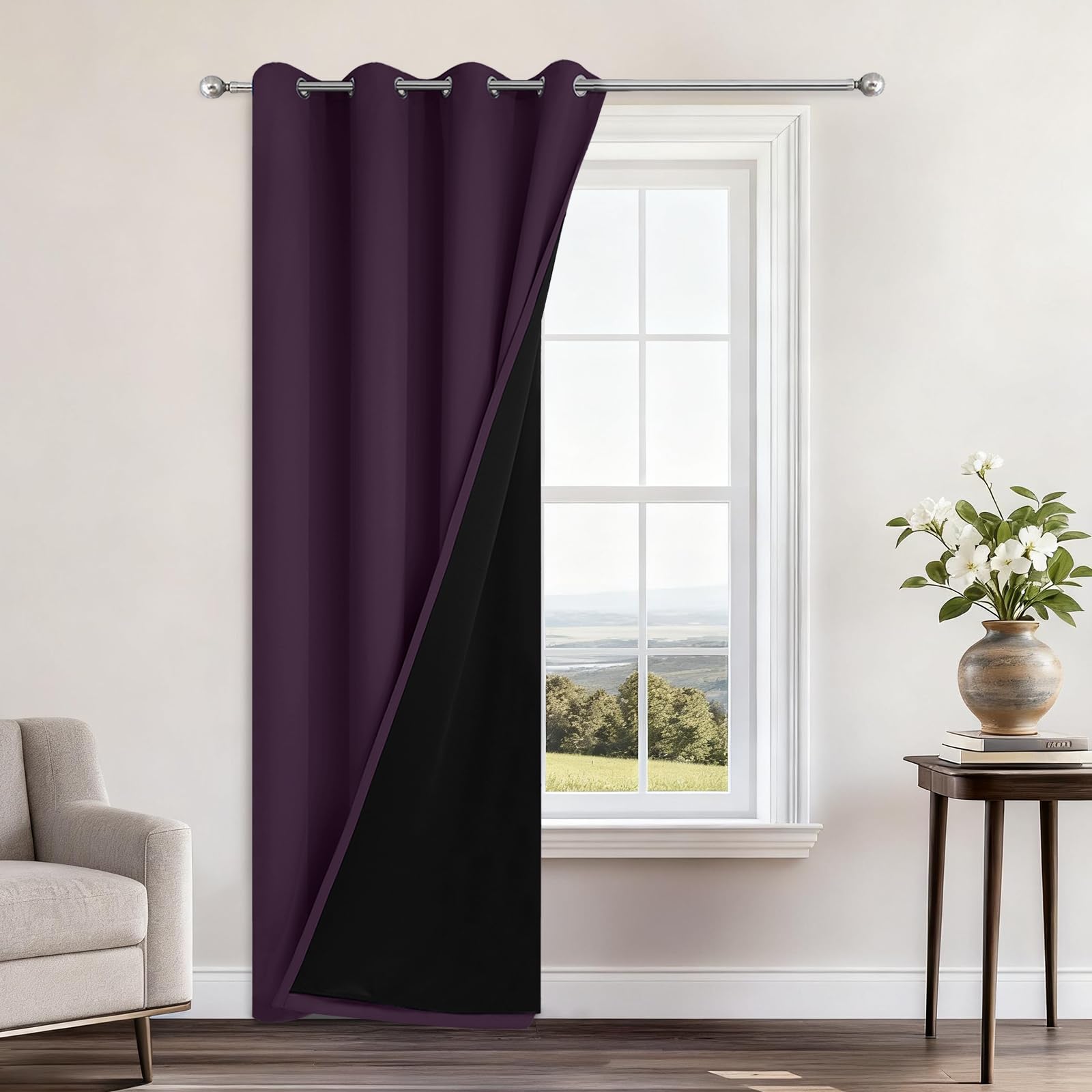 Yakamok 100% Blackout Curtains 84 Inches Long, 2 Thick Layers Heat and Full Light Blocking Soft Thermal Insulated Drapes for Bedroom(52" Wide Each Panel, Purple, 1 Panel) — image 1