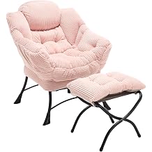 Modern Lazy Chair with Ergonomic Ottoman, Comfortable Lounge Chair with Footrest for Space Saving, Comfy Reading Armchair for Living Room, Bedroom, Office, Pink