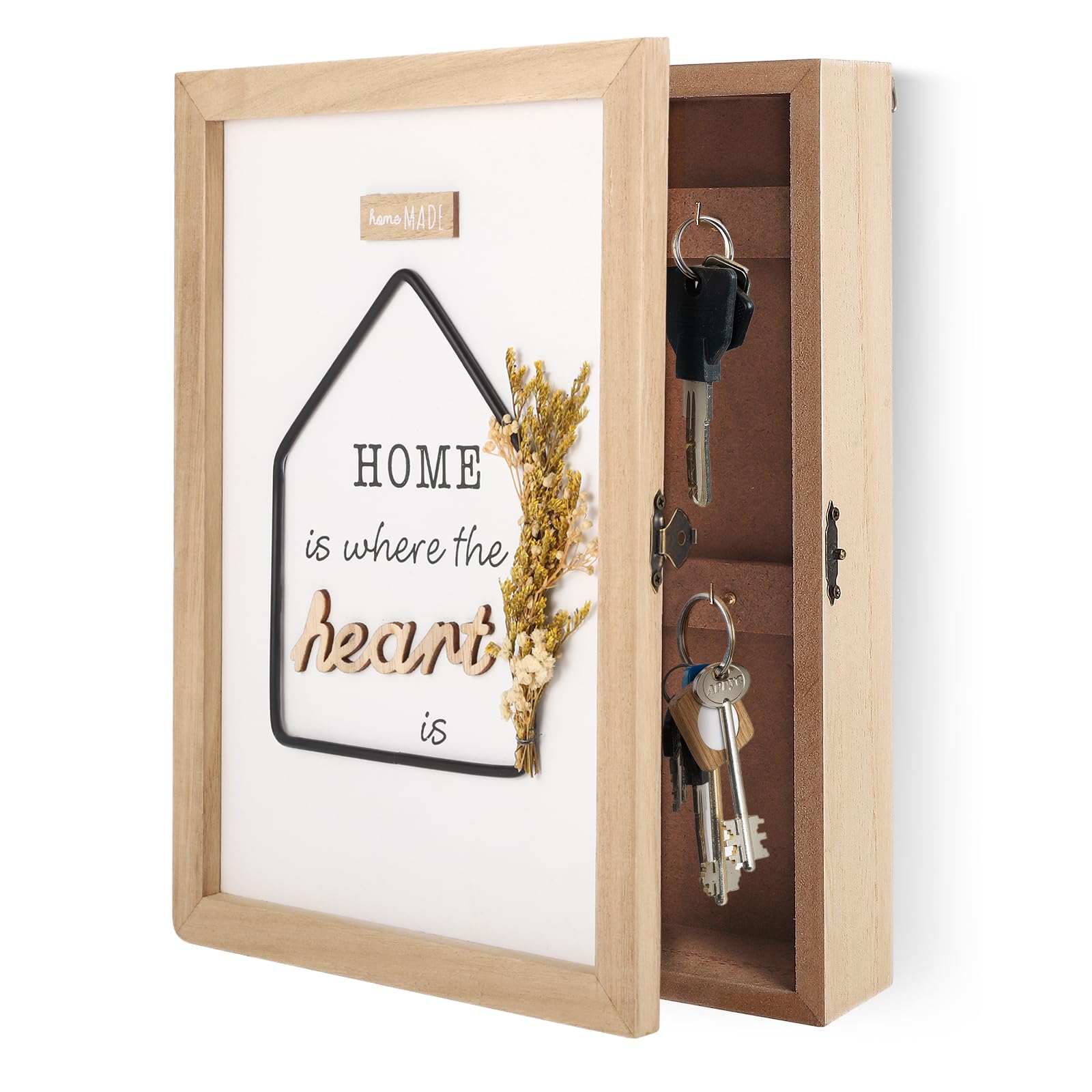 LIFEJXWEN Caja para Llaves de Madera, Armario para Llaves con 6 Ganchos, Soporte de Pared para Llaves, Estante para Llaves Blanco Vintage con Flores Decorativas, para Entrada, Pasillo, Oficina