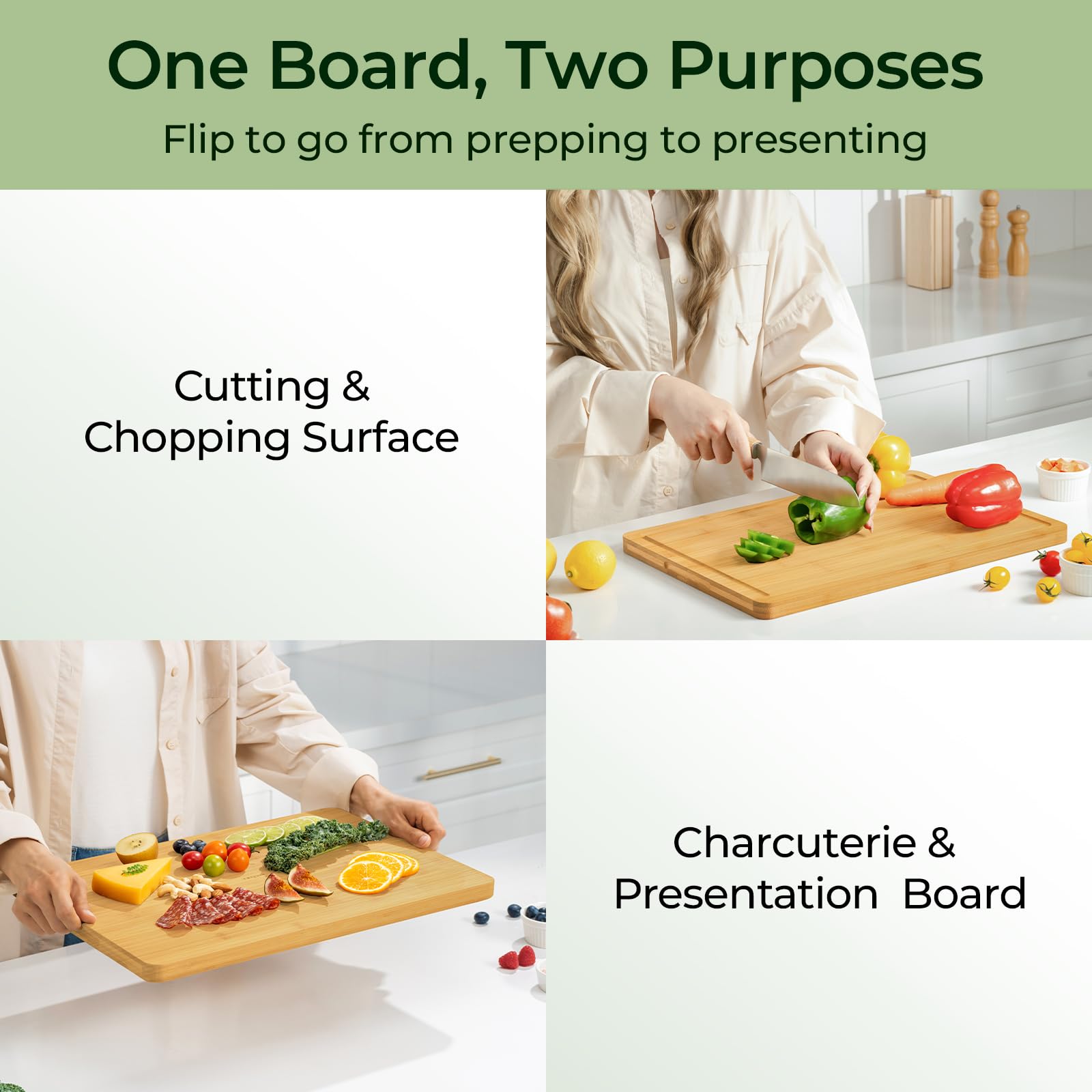 Keechee Bamboo Cutting Board, Durable Wood Cutting Boards for Kitchen with Deep Juice Grooves & Built-in Handles, Ideal Charcuterie & Chopping for Meat, Vegetables and Fruits Ideal Kitchen Gifts: Natural Bamboo 17.9"L x 12"W