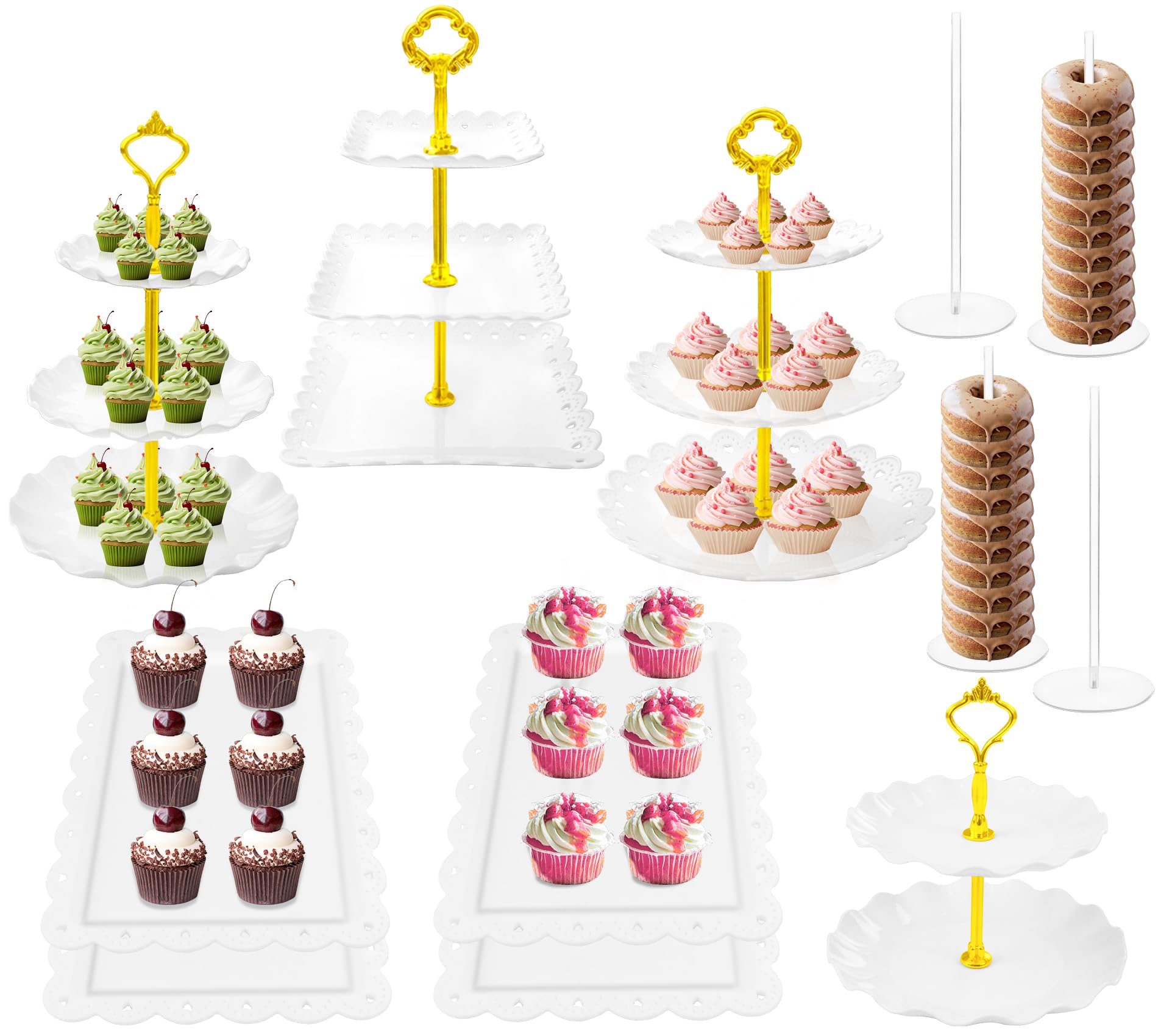 12 Pcs Cupcake Stand Set - White Plastic Dessert Table Display Set, 4 x Cupcake Stands Cookie Tray Rack Serving Tower, 4x Acrylic Donut Stands, 4x Dessert Trays for Wedding Baby Shower Tea Party
