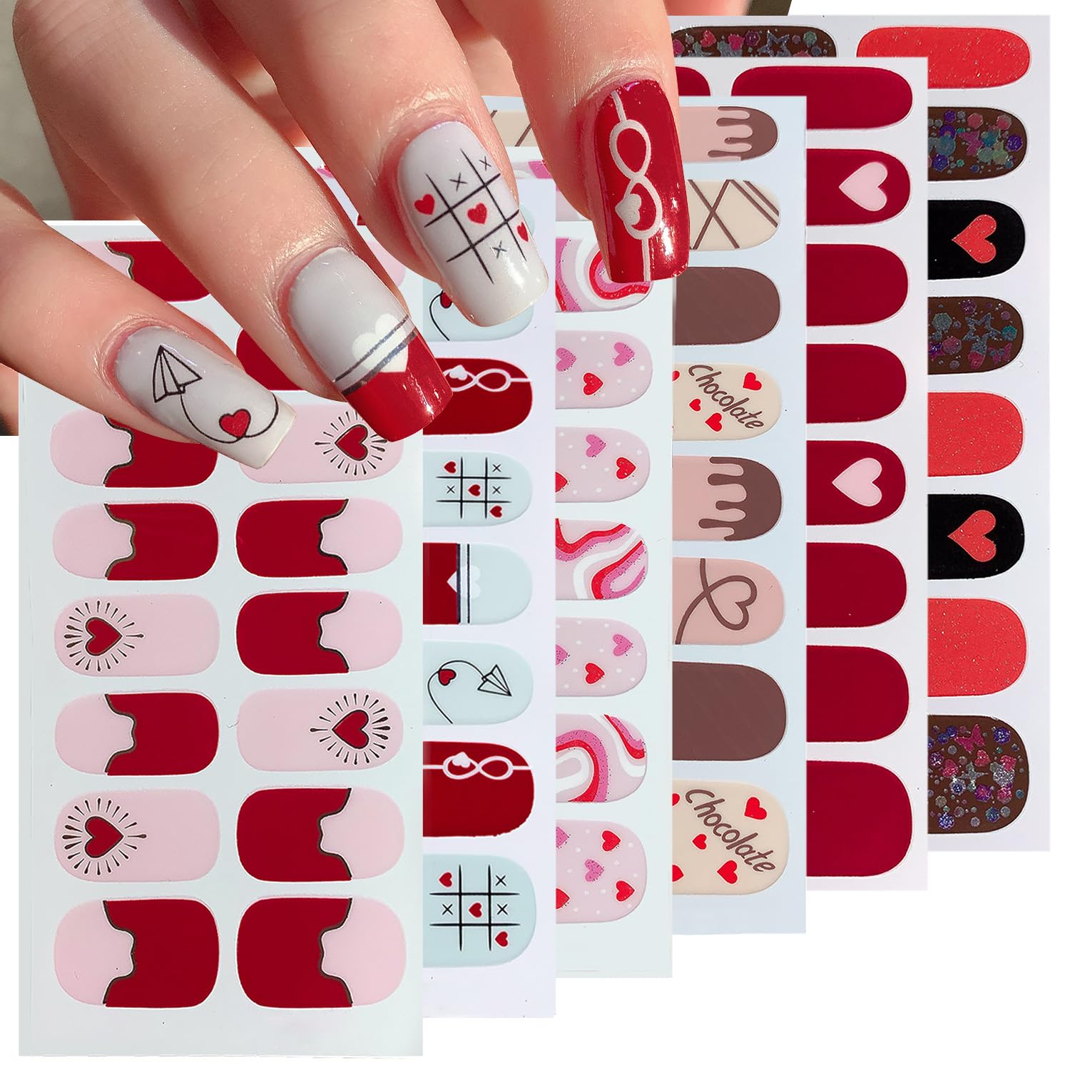 6 Sheets Valentine's Day Gel Nail Stickers Star Bow Gel Nail Polish Strips Red Pink Colour Heart Self Adhesive Design Romantic Valentines Glitter Full