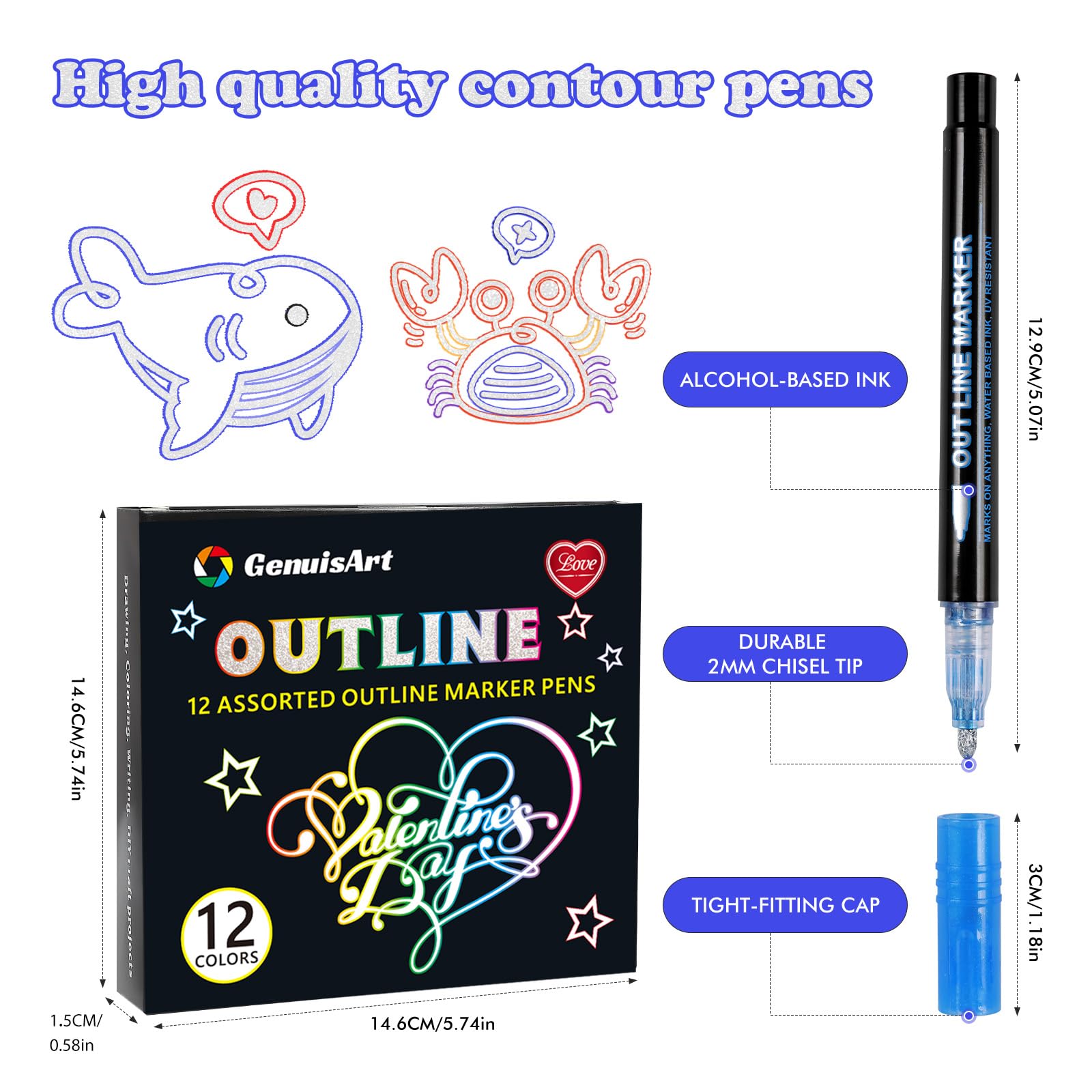 GenuisArt Double Line Outline Markers, 12 Colors, Art Markers For Kids,Art Supplies Crafts Gifts for 4-12 Year Old Girl,Metallic Glitter Pens Set for Gift Cards,Rock Painting,Coloring Book Product Image 4