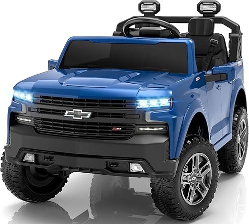 ENYOPRO - Auto eléctrico de 24 V y 2 plazas para niños, con licencia Chevy Silverado LT Trail Boss con control remoto, suspensión de metal, arranque